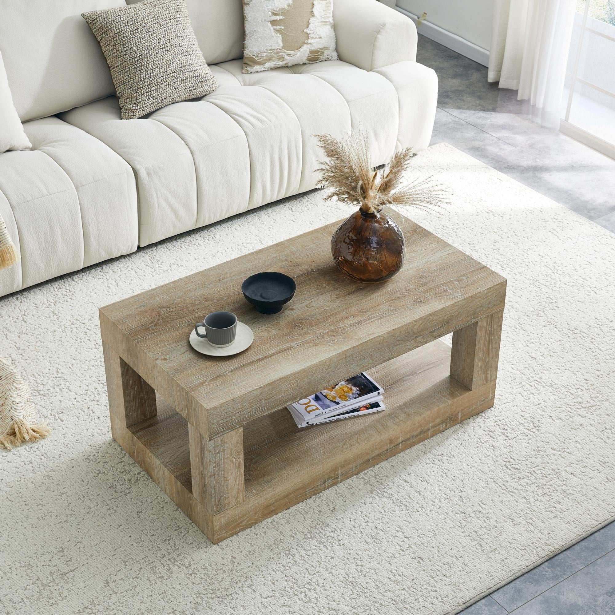 2 Tier Coffee Table Rectangular Center Table With Open Storage Shelf Sofa Table Side Table Wood End Table