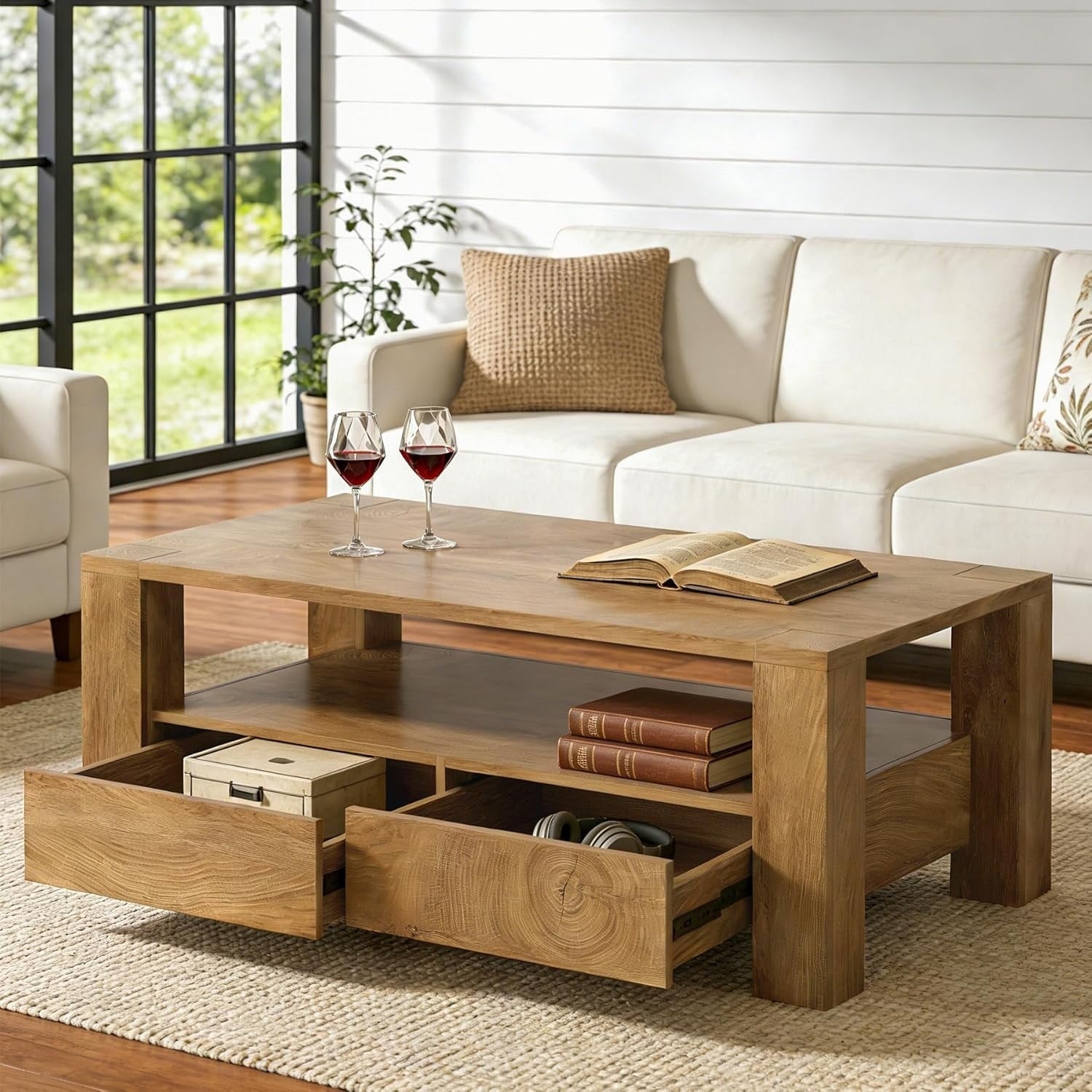 2 Tier Coffee Table With 2 Drawers Storage 47 Modern Rectangle Center Table For Living Room 47.24 L X 23.63 W X 17.72 H
