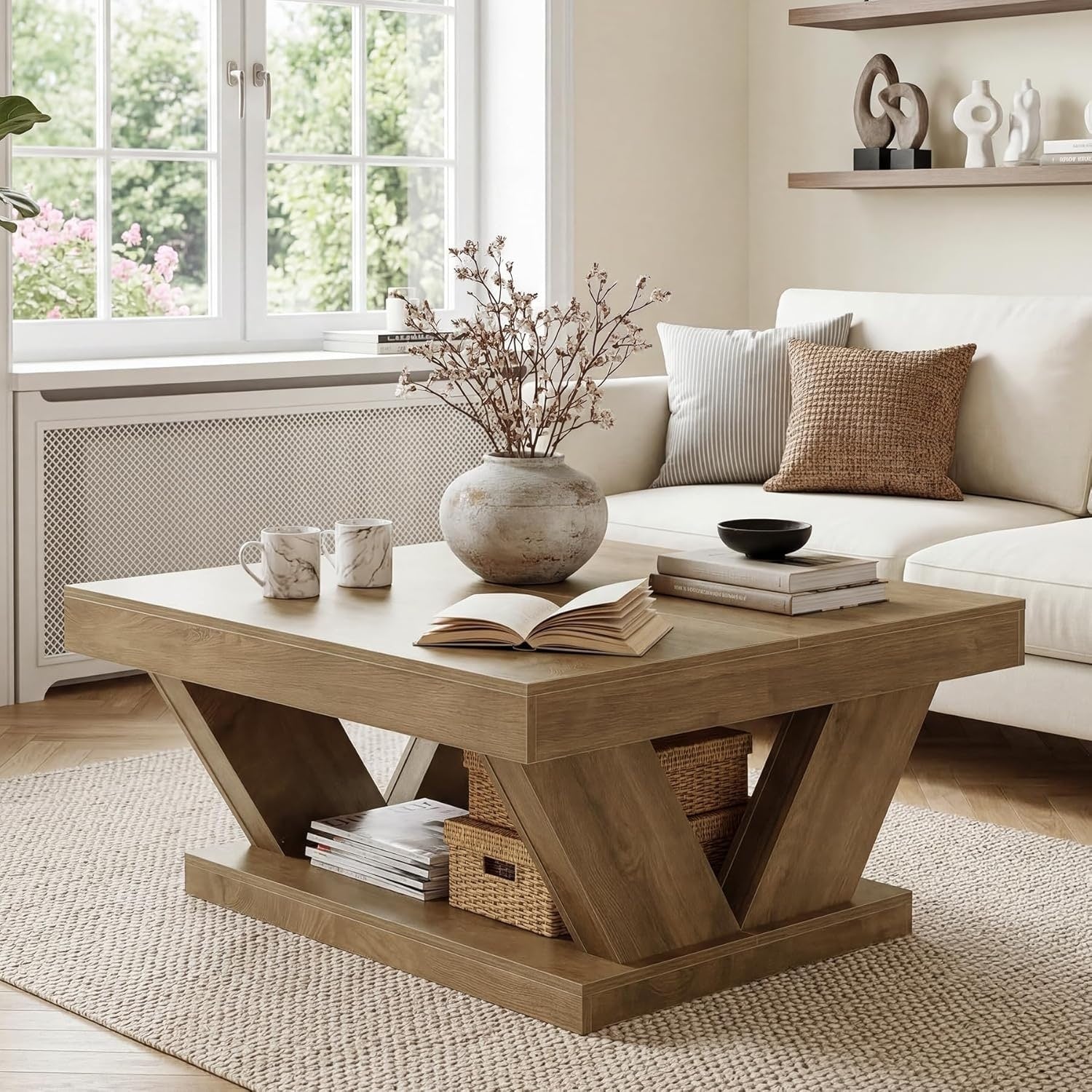 2 Tier Coffee Table With Large Storage Shelf For Living Room Home Office