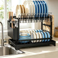 2 Tier Dish Drying Rack For Kitchen Counter Carbon Steel Space Saving Drying Rack With Adjustable Drain Pipe Cutlery Holder