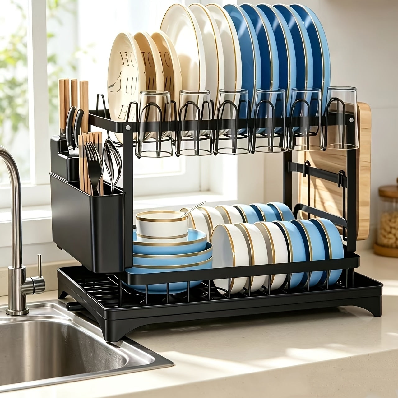 2 Tier Dish Drying Rack For Kitchen Counter Carbon Steel Space Saving Drying Rack With Adjustable Drain Pipe Cutlery Holder