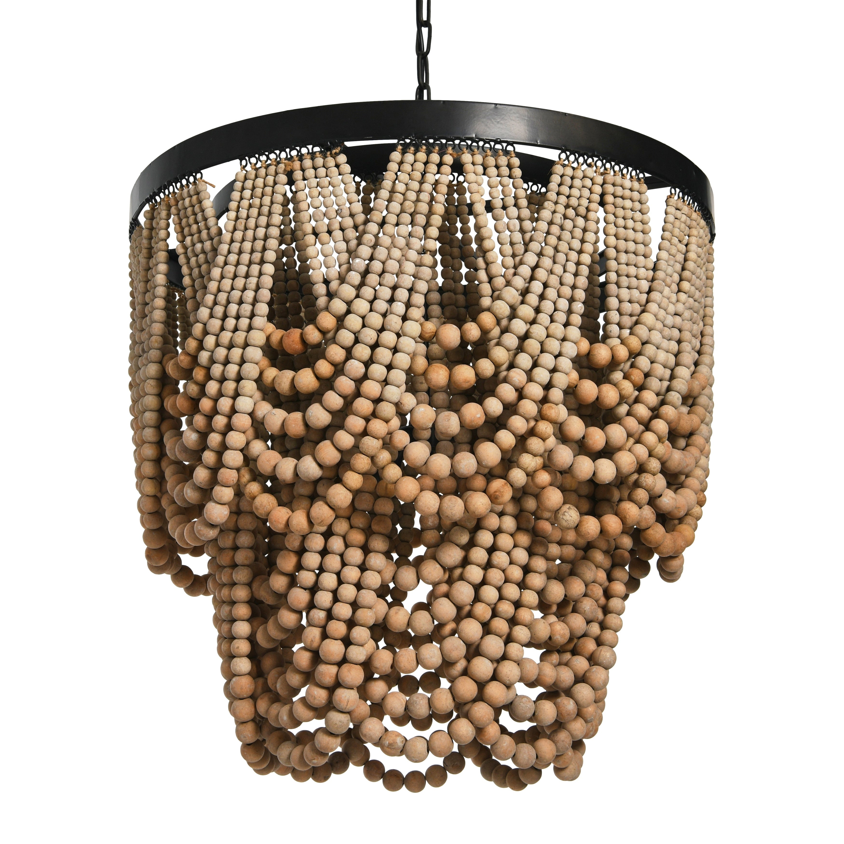 Metal Chandelier With Draped Wood Beads Distressed Cream