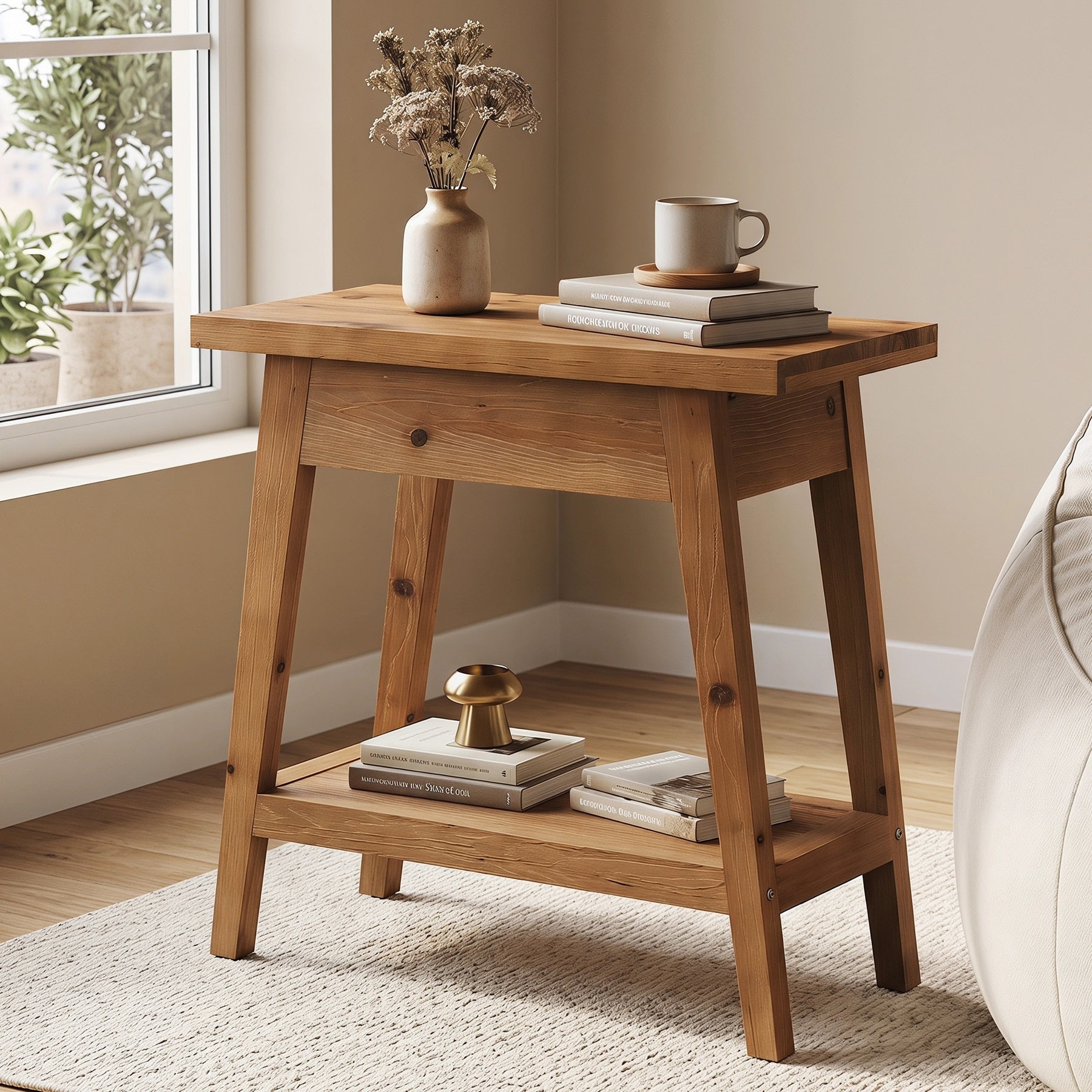 2 Tier End Table For Living Room Solid Wood Side Table With Storage