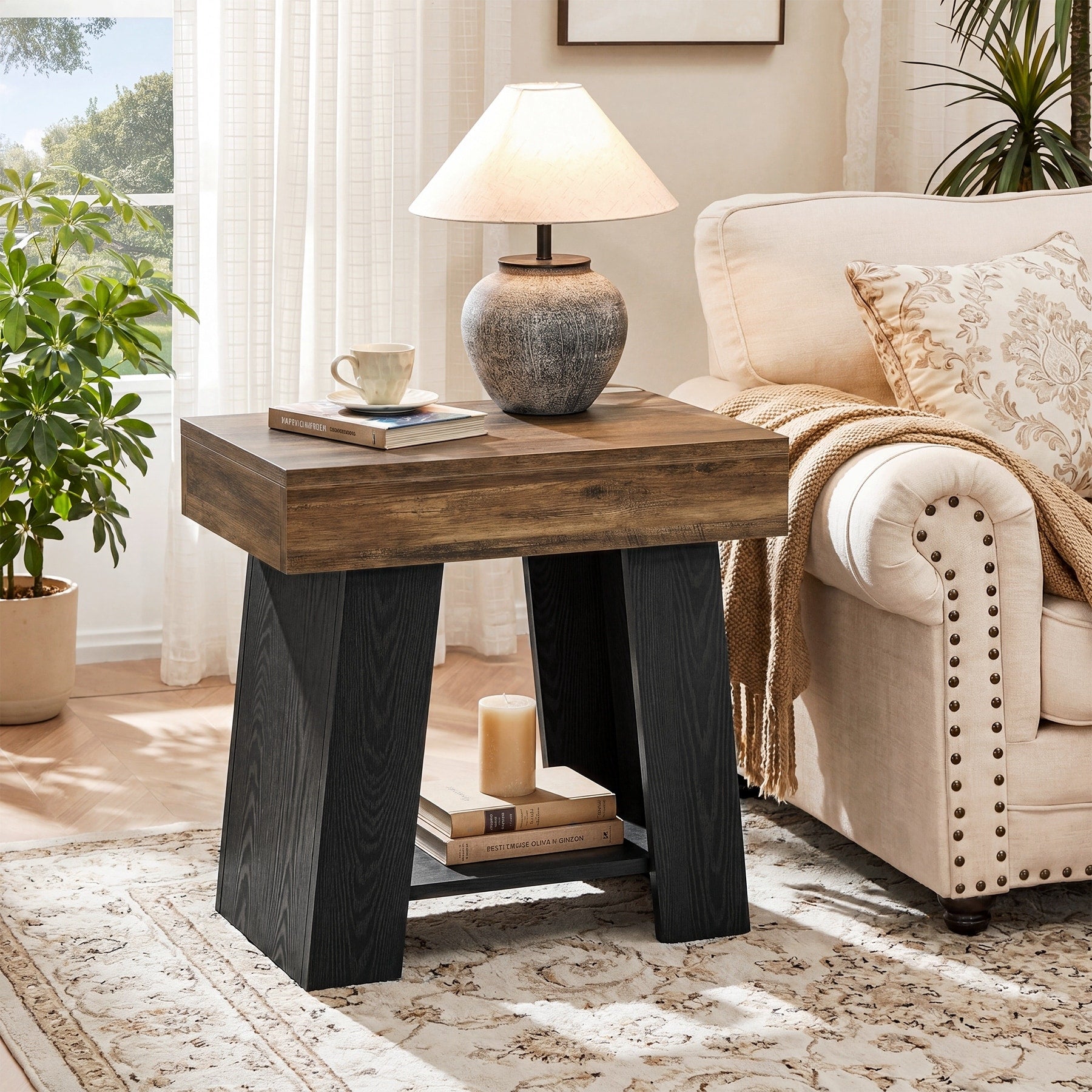 2 Tier End Table Two Tone Couch Side Table With Shelf Bedside Nightstand For Living Room Bedroom