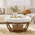 2 Tier Round Ottoman Coffee Table For Living Room Solid Wood Center Table With Storage Shelves And Upholstered