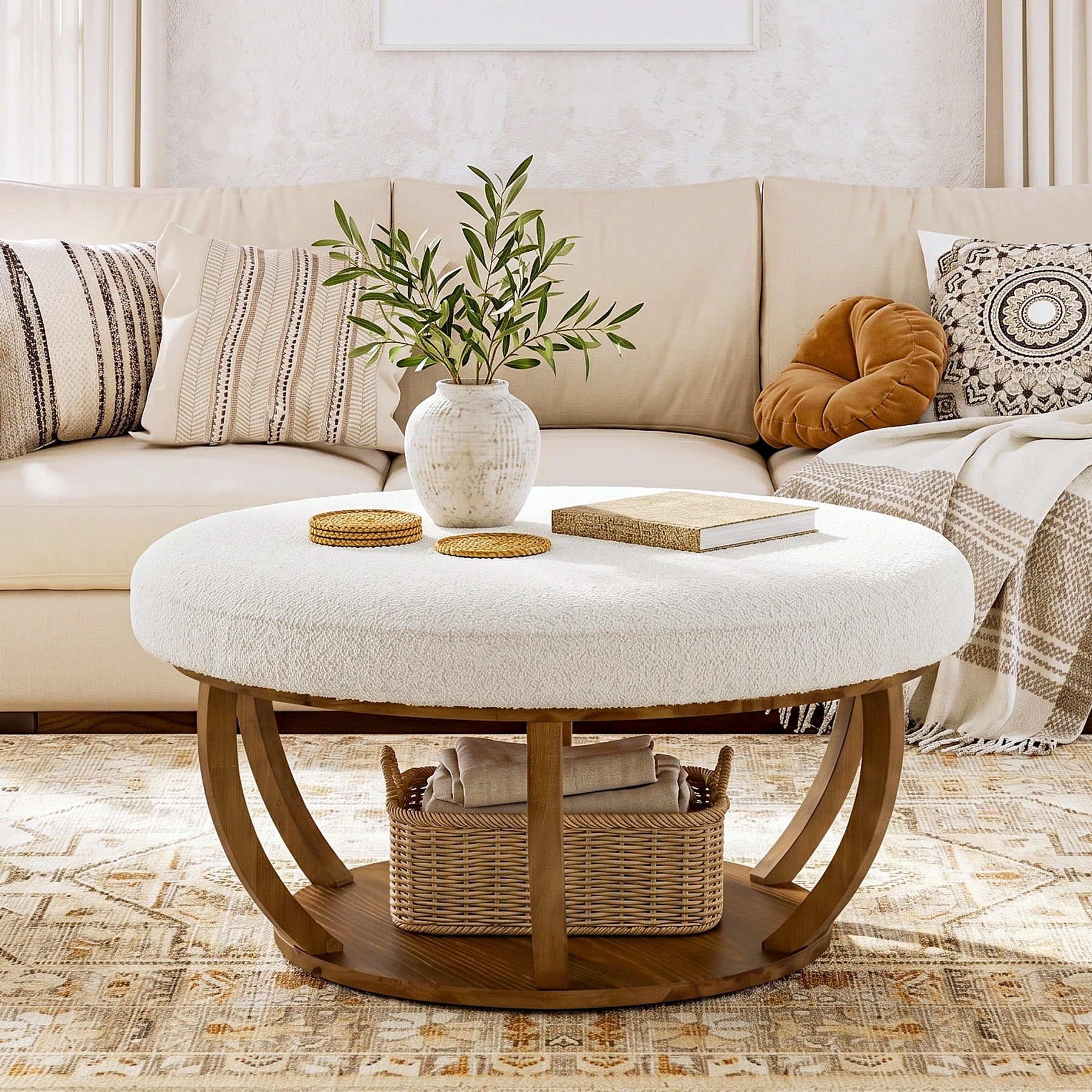 2 Tier Round Ottoman Coffee Table For Living Room Solid Wood Center Table With Storage Shelves And Upholstered