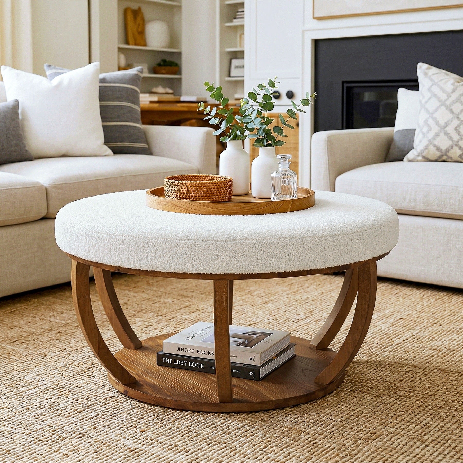 2 Tier Round Ottoman Coffee Table With Solid Wood Frame For Living Room 31.5 L X 31.5 W X 18.1 H