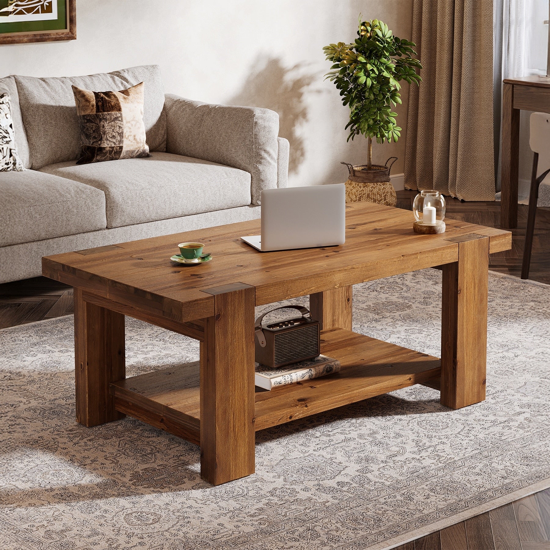 2 Tier Solid Wood Coffee Table For Living Room 47 Inch Rectangle Center Table With Storage Shelves
