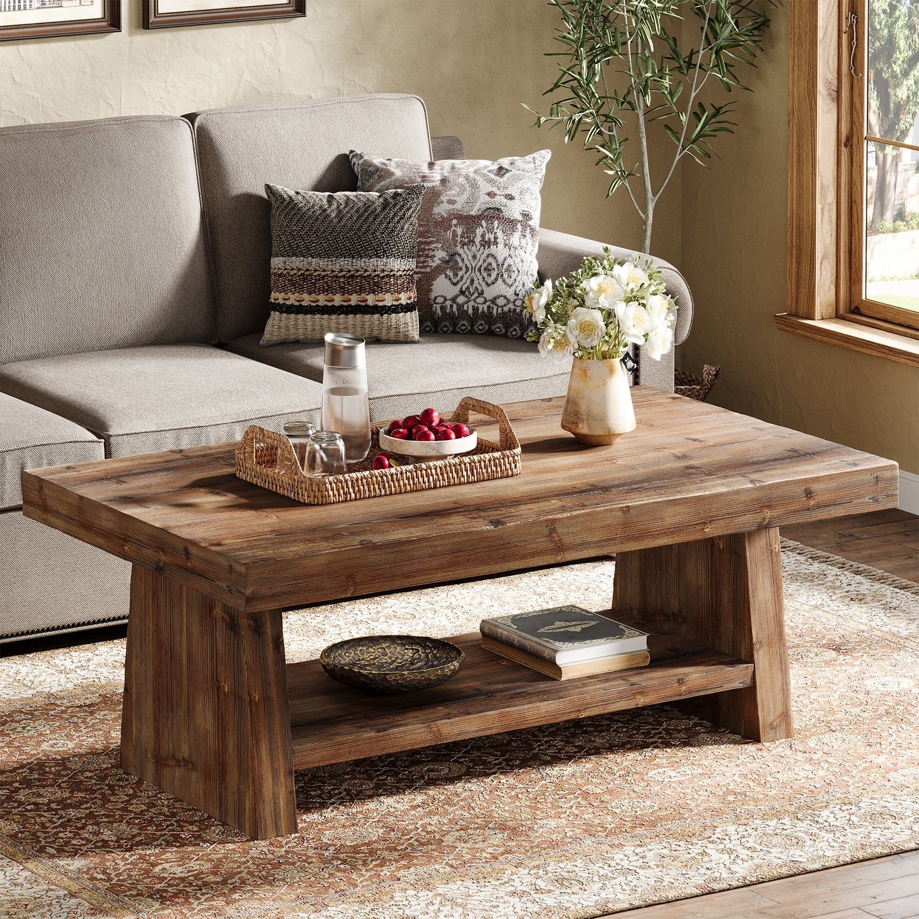 2 Tier Solid Wood Coffee Table For Living Room 47 Inch Rectangular Center Table With Storage Shelves