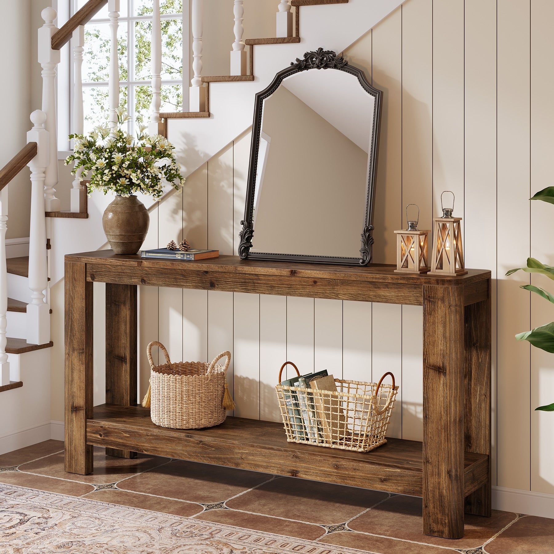 2 Tier Solid Wood Console Table 63 Farmhouse Slim Entryway Table