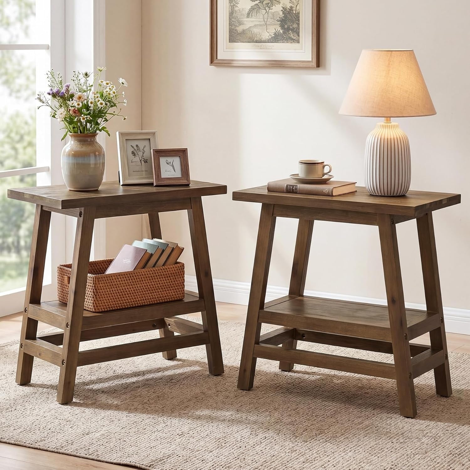 2 Tier Solid Wood End Table With Stable A Frame For Small Spaces Living Room Bedroom
