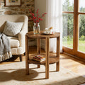 2 Tier Solid Wood Round Side Table Farmhouse End Table With Storage Shelves