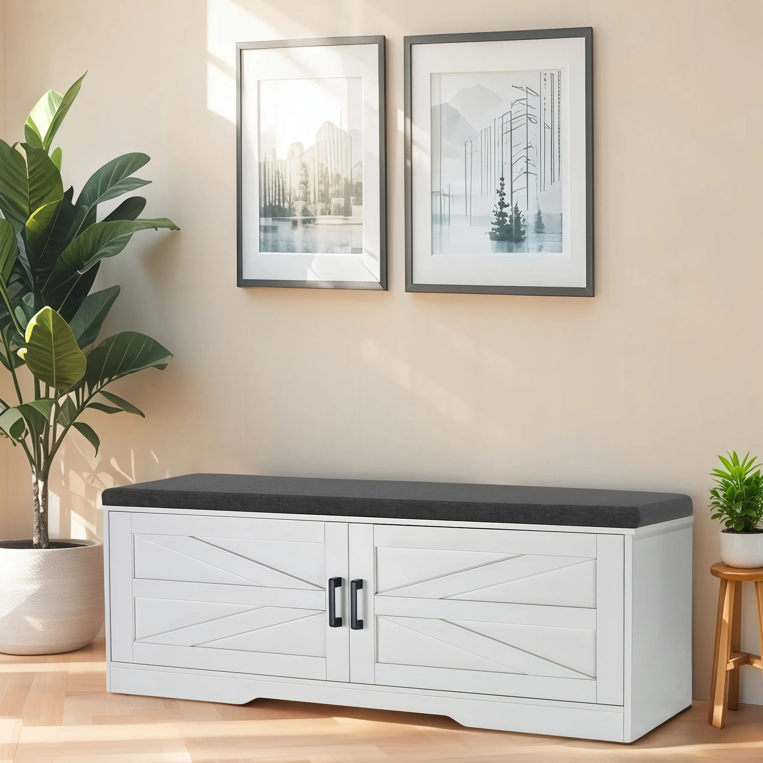 2 Tier Storage Bench Shoe Bench With Padded Seat Entryway Bench With 2 Barn Doors 2 Adjustable Shelves
