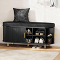 2 Tier Storage Bench 43.3 Shoe Bench With Thickened Padded Cushion Mid Century Fluted Sliding Door And Adjustable Shelf