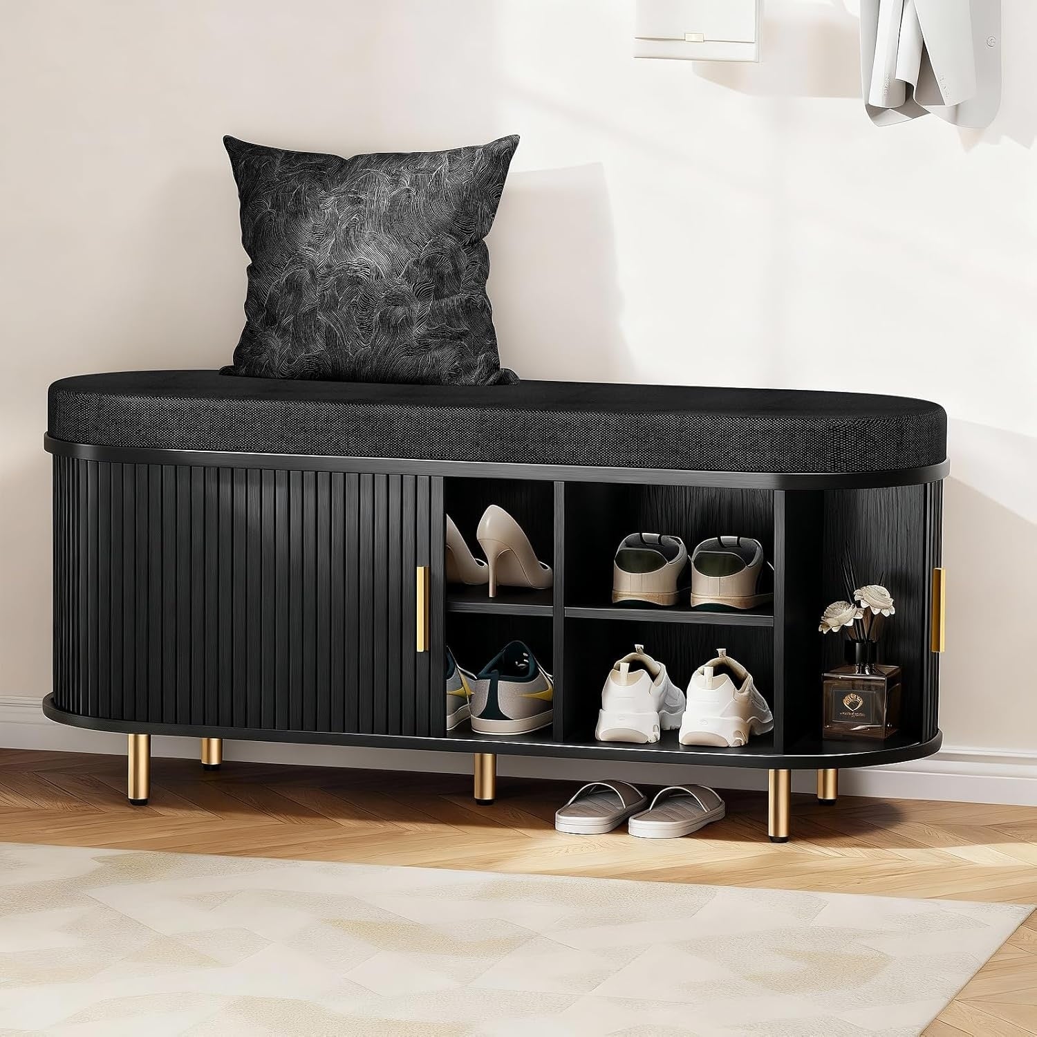 2 Tier Storage Bench 43.3 Shoe Bench With Thickened Padded Cushion Mid Century Fluted Sliding Door And Adjustable Shelf