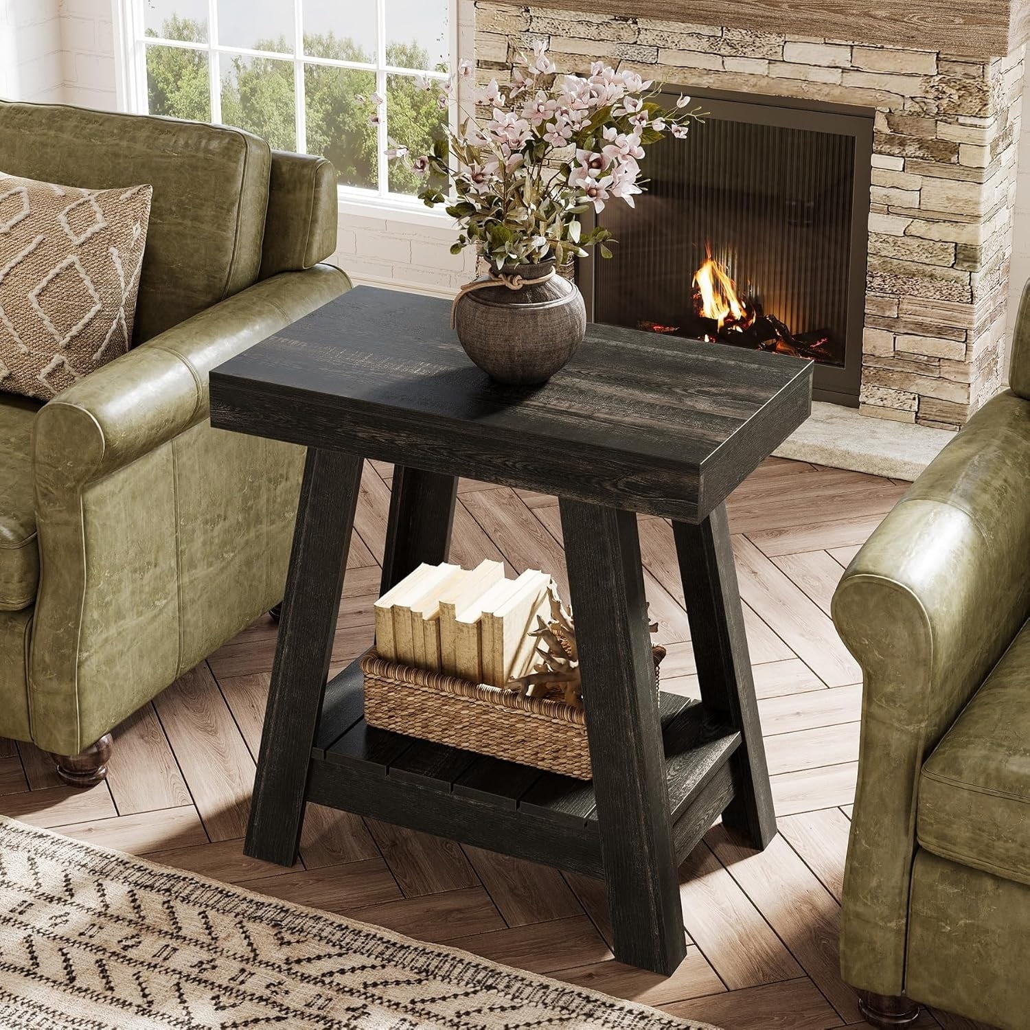 2 Tier Wooden End Table Farmhouse Rustic Small Sofa Side Table With Storage Shelf 23.62 L X 13.78 W X 25.59 H