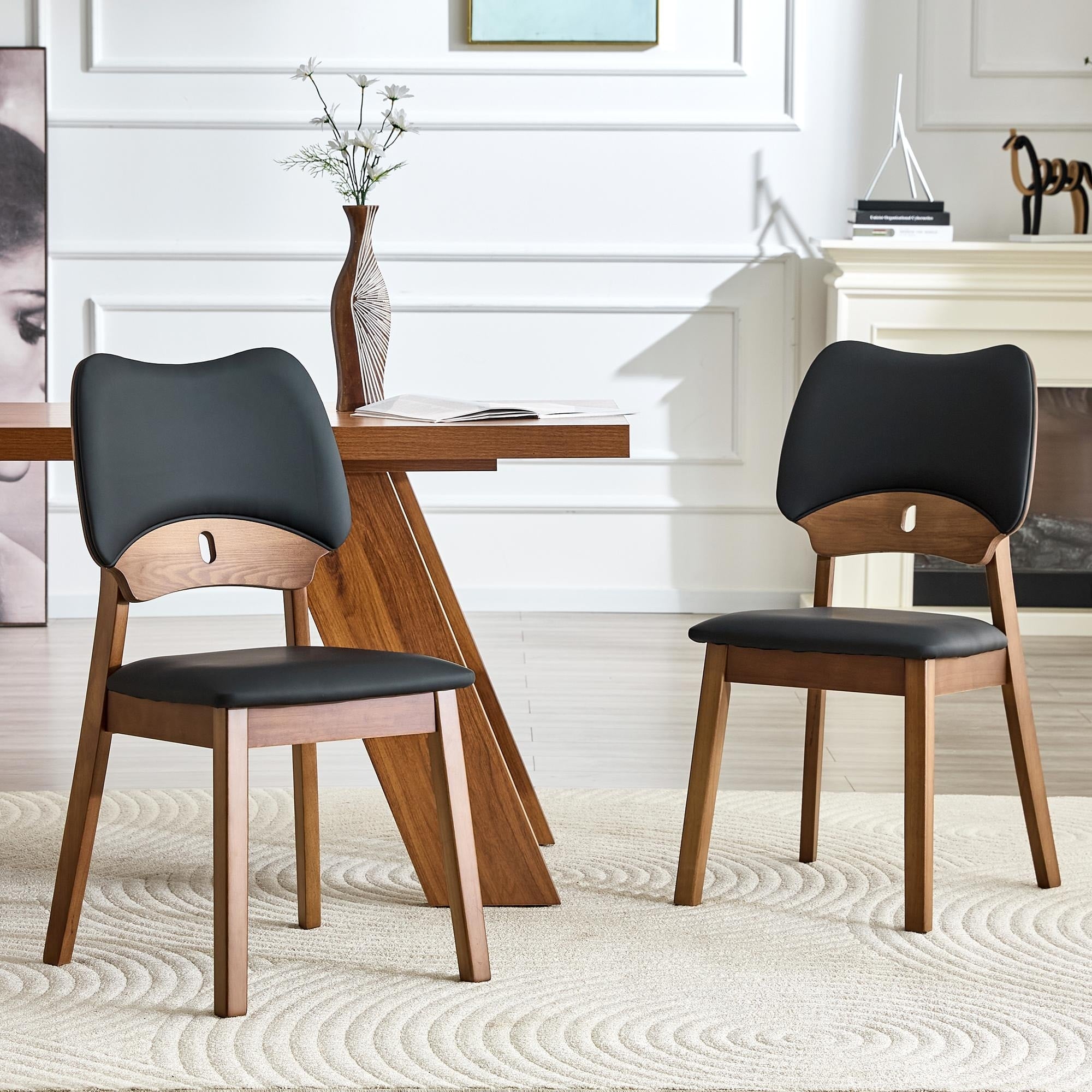 2 Walnut Colored Solid Wood Dining Chairs With Pu Soft Packaging On The Backrest And Seat Cushion Hollowed Out Design Backrest