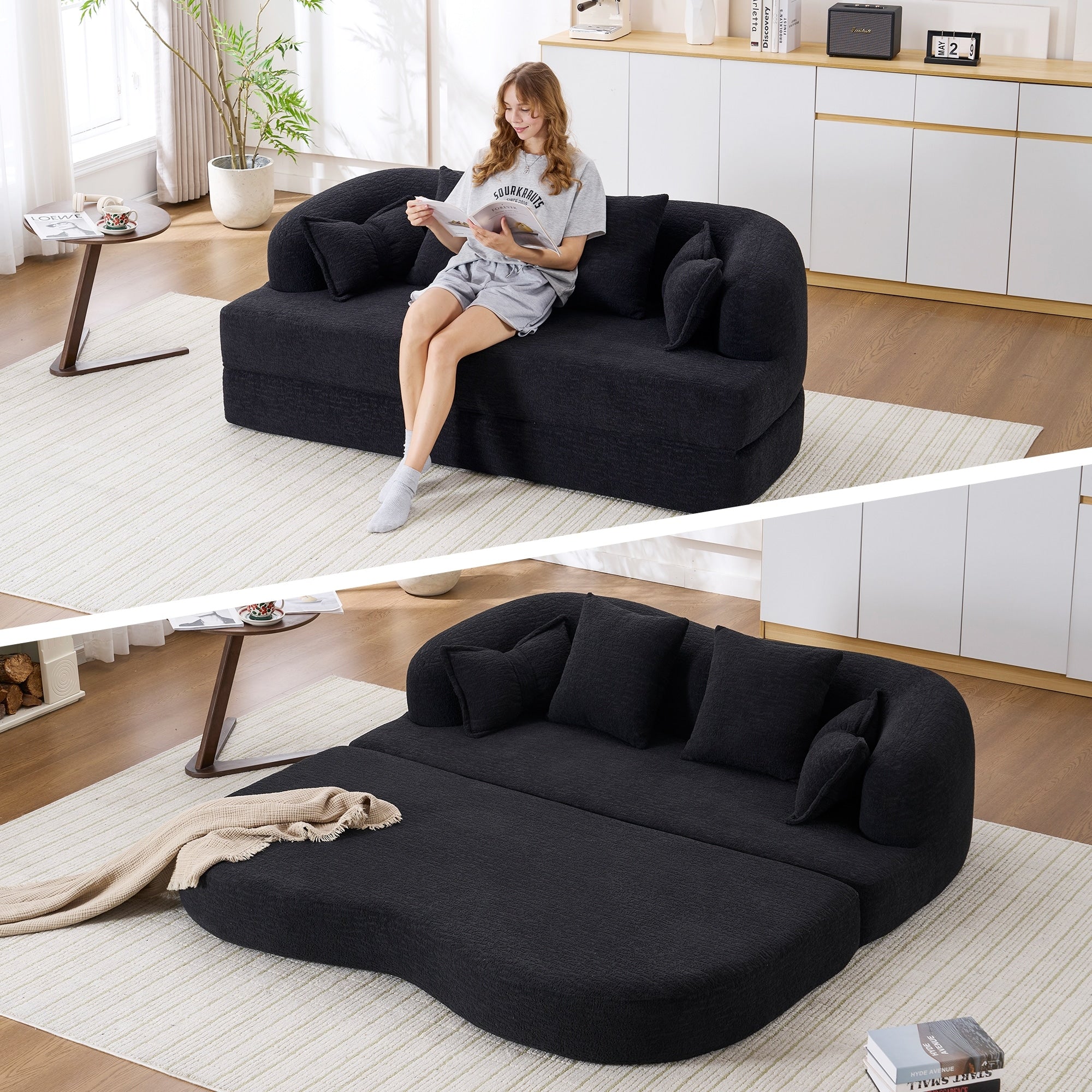 2 In 1 Foldable Convertible Sofa Bed With 4 Pillows