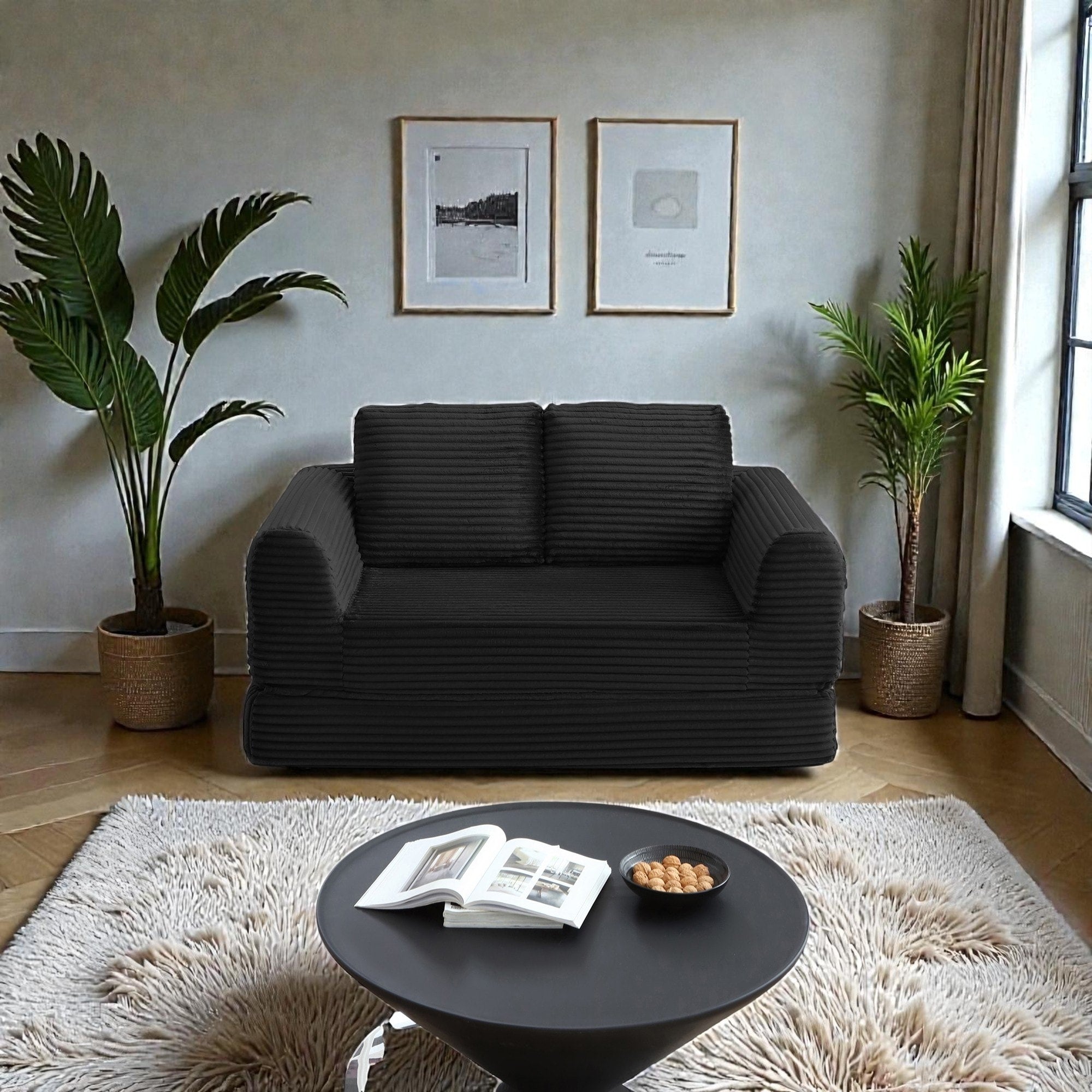 2 In 1 Folding Sofa Bed Loveseat Corduroy Convertible Sleeper Couch With Pillows Boneless Floor Futon