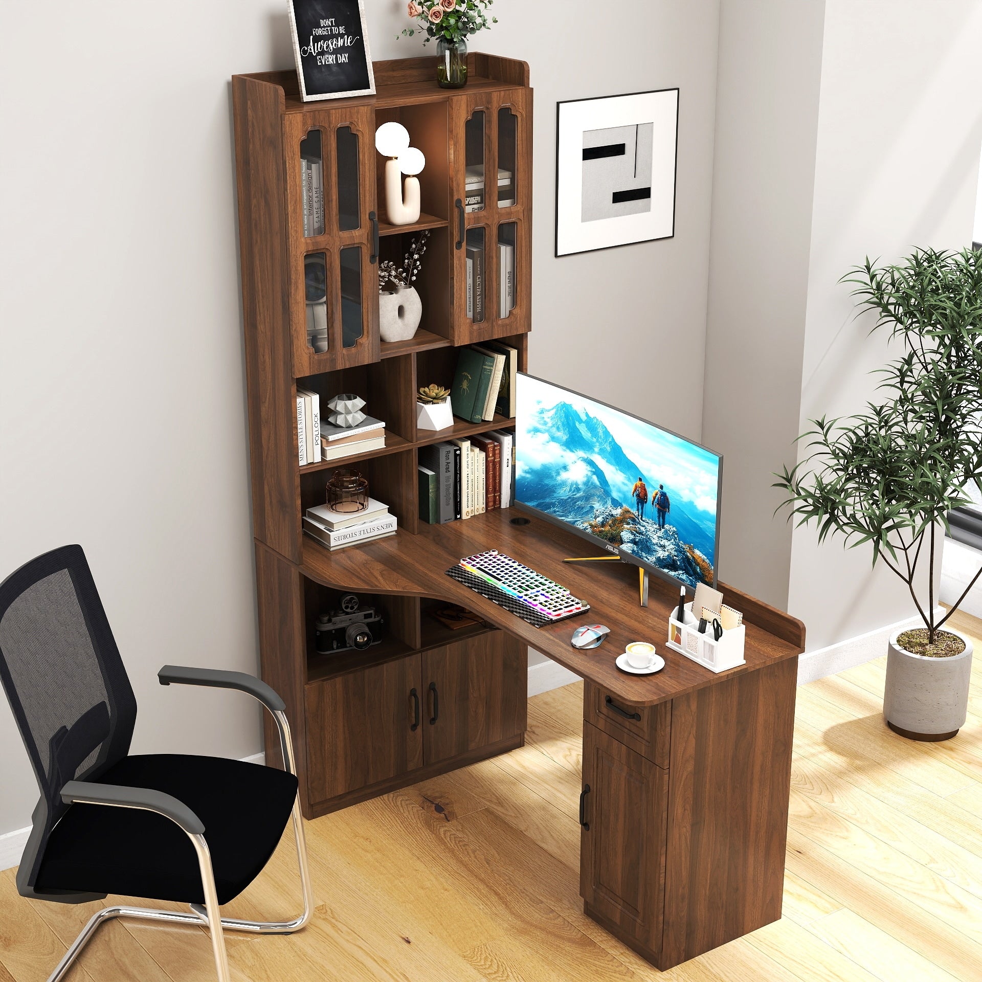 2 In 1 L Shaped Design Corner Computer Desk For Home Office Or Study Desk With Bookshelf Hutch