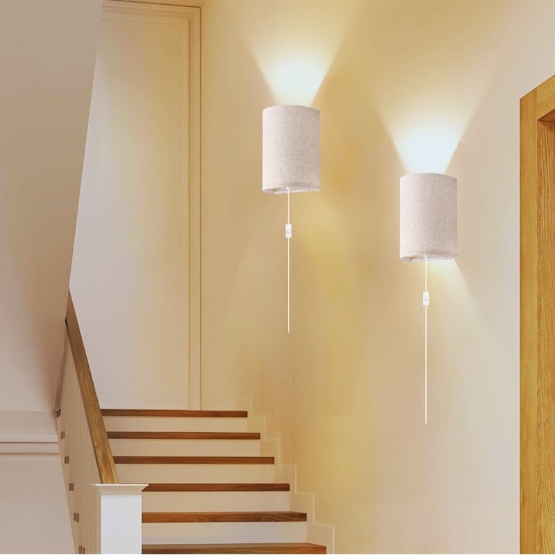 2 Pack Round Wall Sconces Metal Cotton Linen Bedroom Light Beige Lamp Shades N A