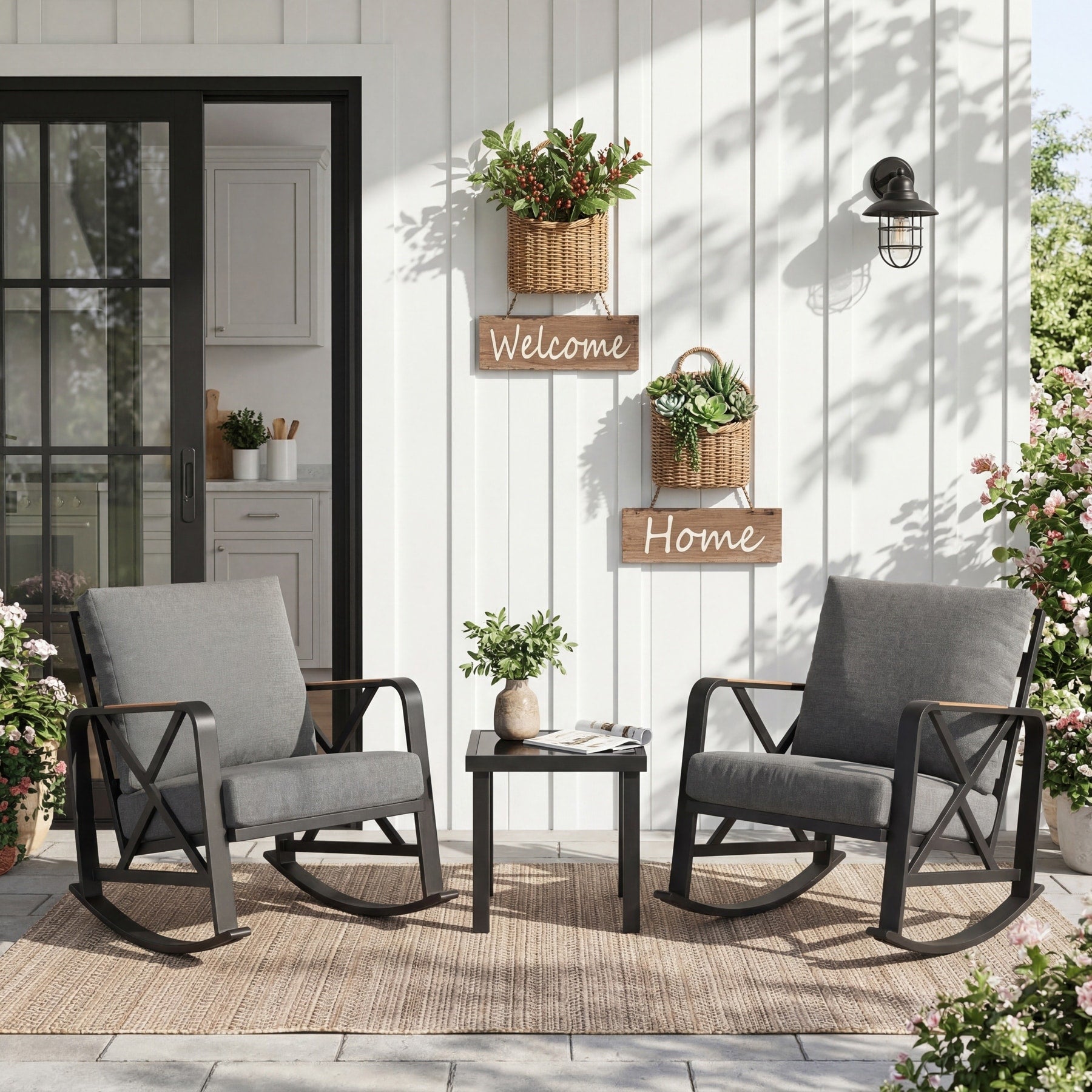 2 Person Outdoor Rocking Chair Set With Table And Cushions