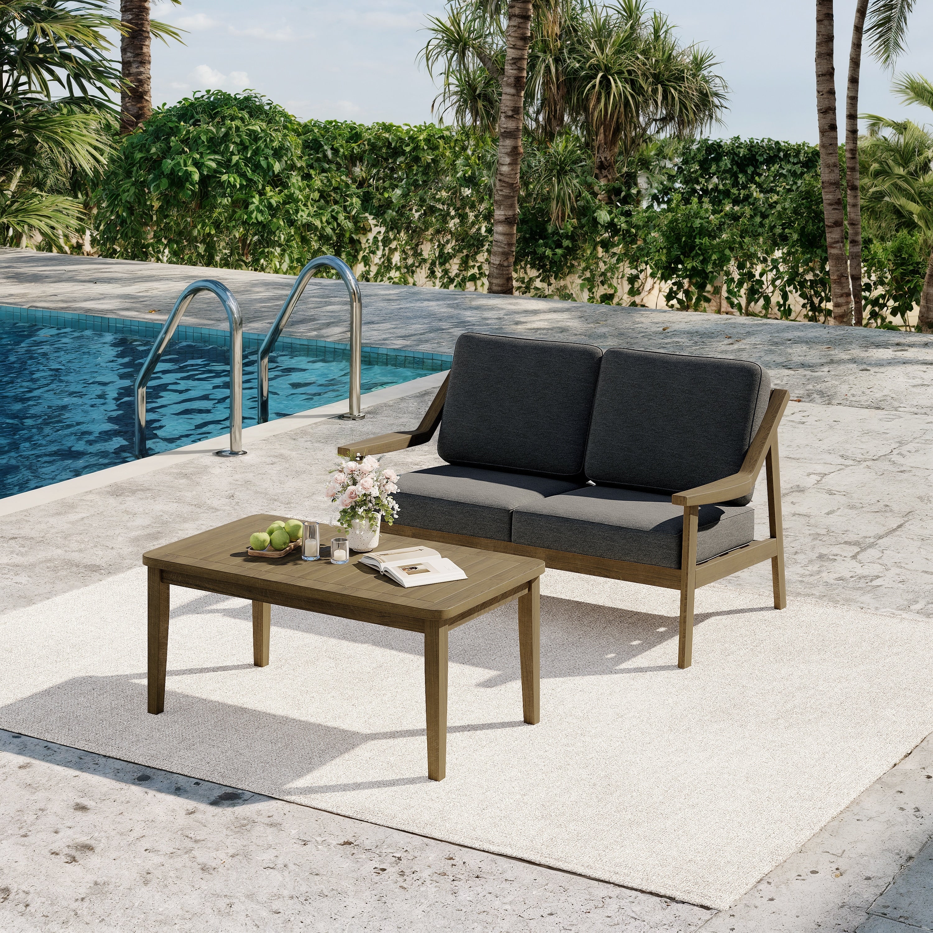 2 Piece Brown Black Teak Cushioned Patio Loveseat Set With Coffee Table