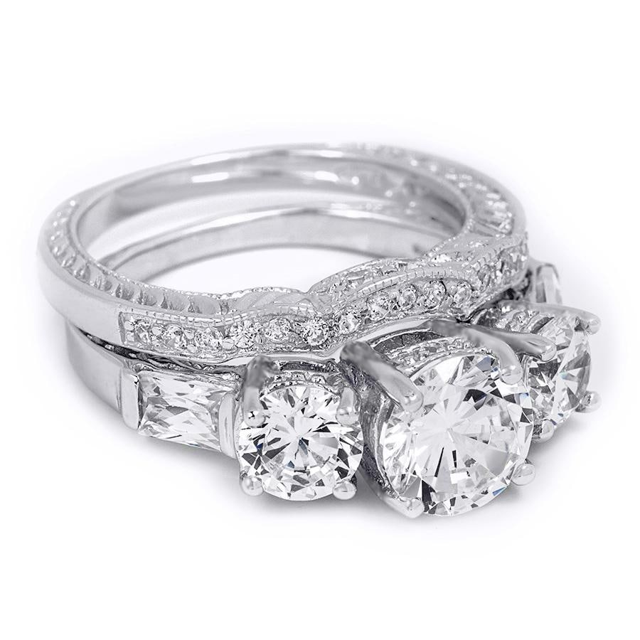 2.25 Ct Brilliant Round Cut 3 Stone Wedding Band Ring Set Silver