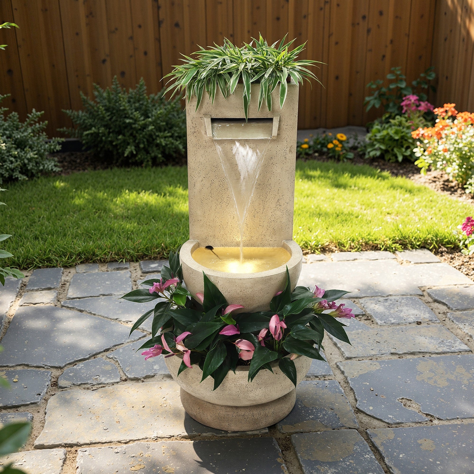 2.7 Ft Tall Polyresin Fountain With Planter Lighted Outdoor Water Feature 32.87 H