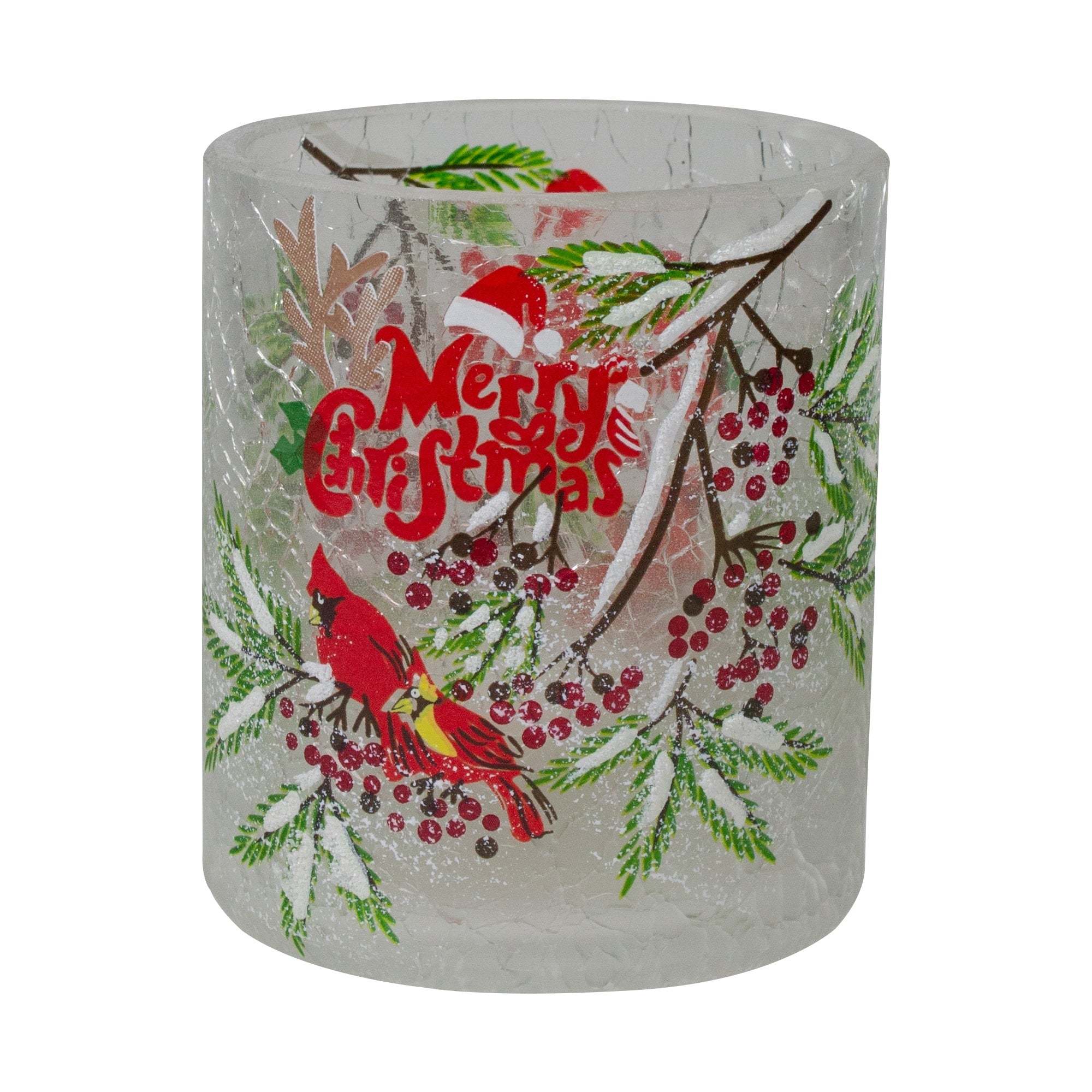 2.75 Hand Painted Christmas Cardinal And Pine Flameless Glass Candle Holder