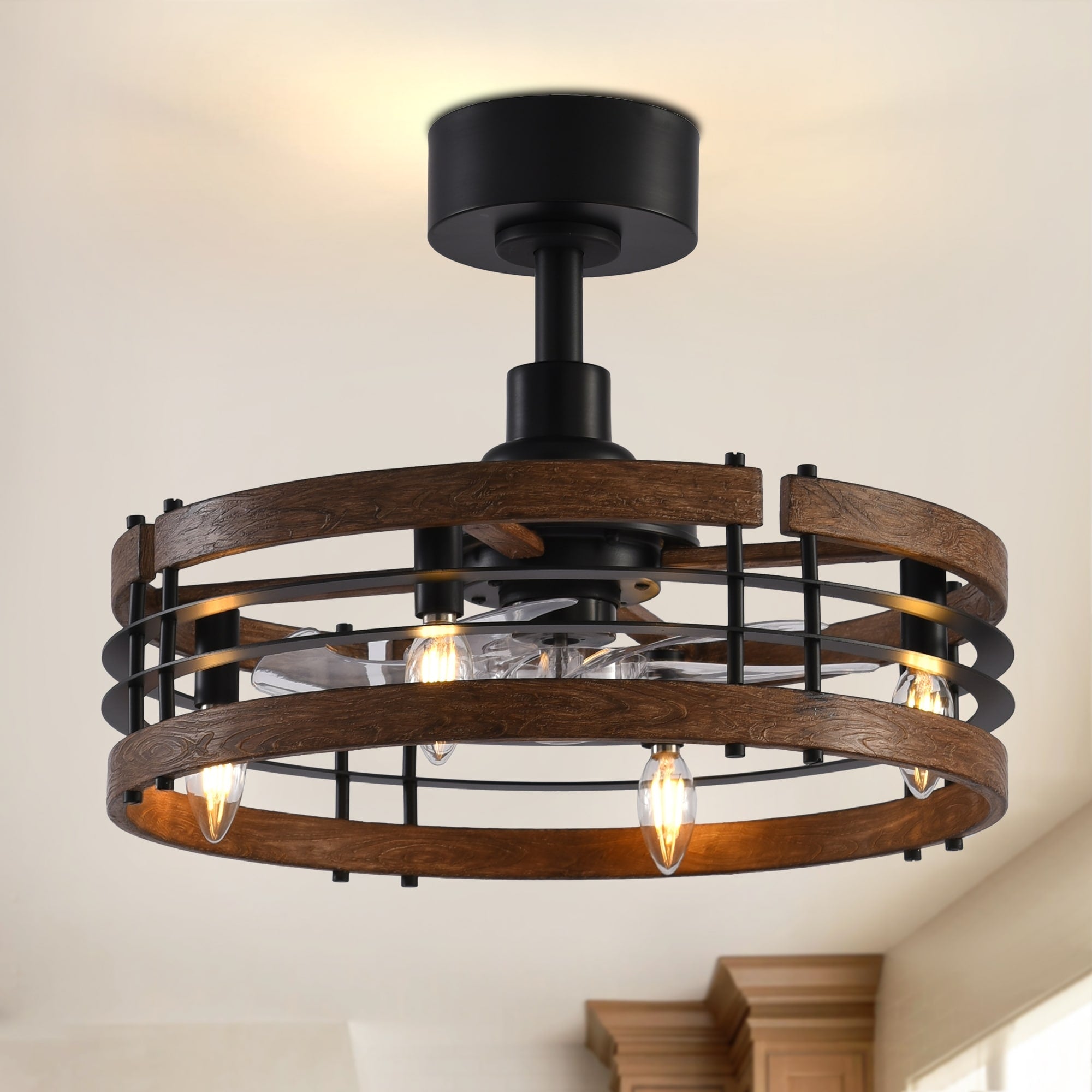 20 Inch Cage Ceiling Fan With Light And Remote 5 Blade Quiet Dc Motor 6 Speeds Reversible Airflow 4 Light E12 Bulb Base