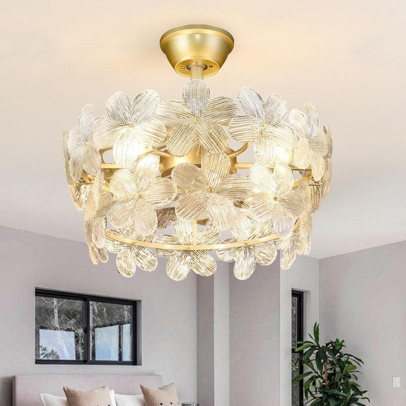 20 Inch Gold Flush Mount Ceiling Fan With Lights 4Xe26 Excl. Bulb Crystal Glass Fandelier Reversible
