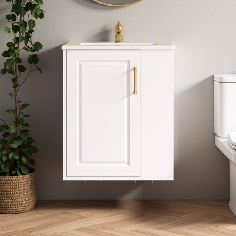 20 Inch Wall Mounted Bathroom Vanity With Ceramic Sink Floating Bathroom Cabinet With Side Storage Shelves Soft Close Door