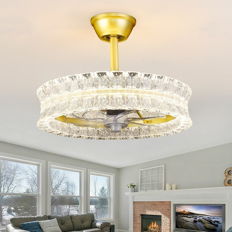 Modern Invisible Ceiling Fan With Lights Crackle Crystal Chandelier Fan Gold Dimmable Led Fandelier With Remote
