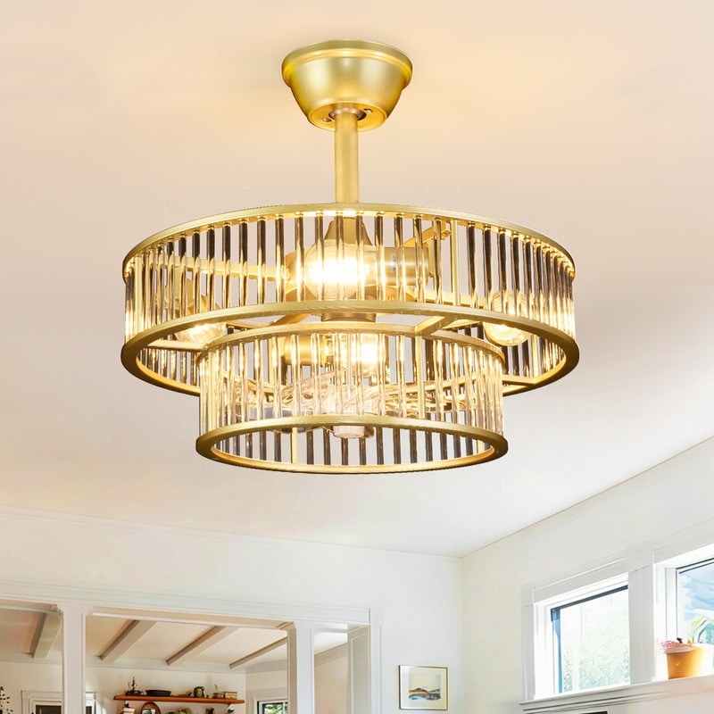 20 In. Modern Invisible Ceiling Fan With Lights Luxury Crystal Chandelier Fan Flush Mount Led Fandelier With Remote