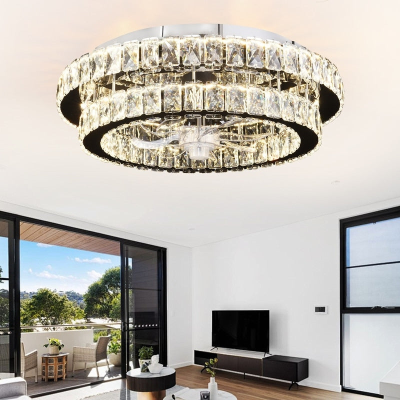20 In. Modern Invisible Ceiling Fan With Lights Luxury Crystal Chandelier Fan Flush Mount Led Fandelier With Remote