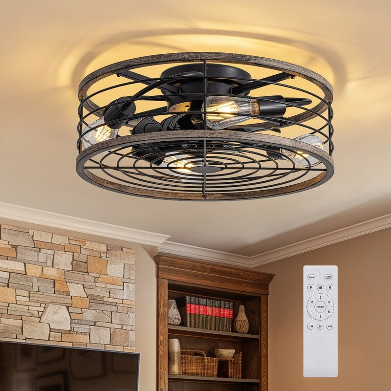 20 In. Wood Finish Ceiling Fan With Light Low Profile Farmhouse Indoor Ceiling Fans Caged Ceiling Fan Light For Bedroom N A