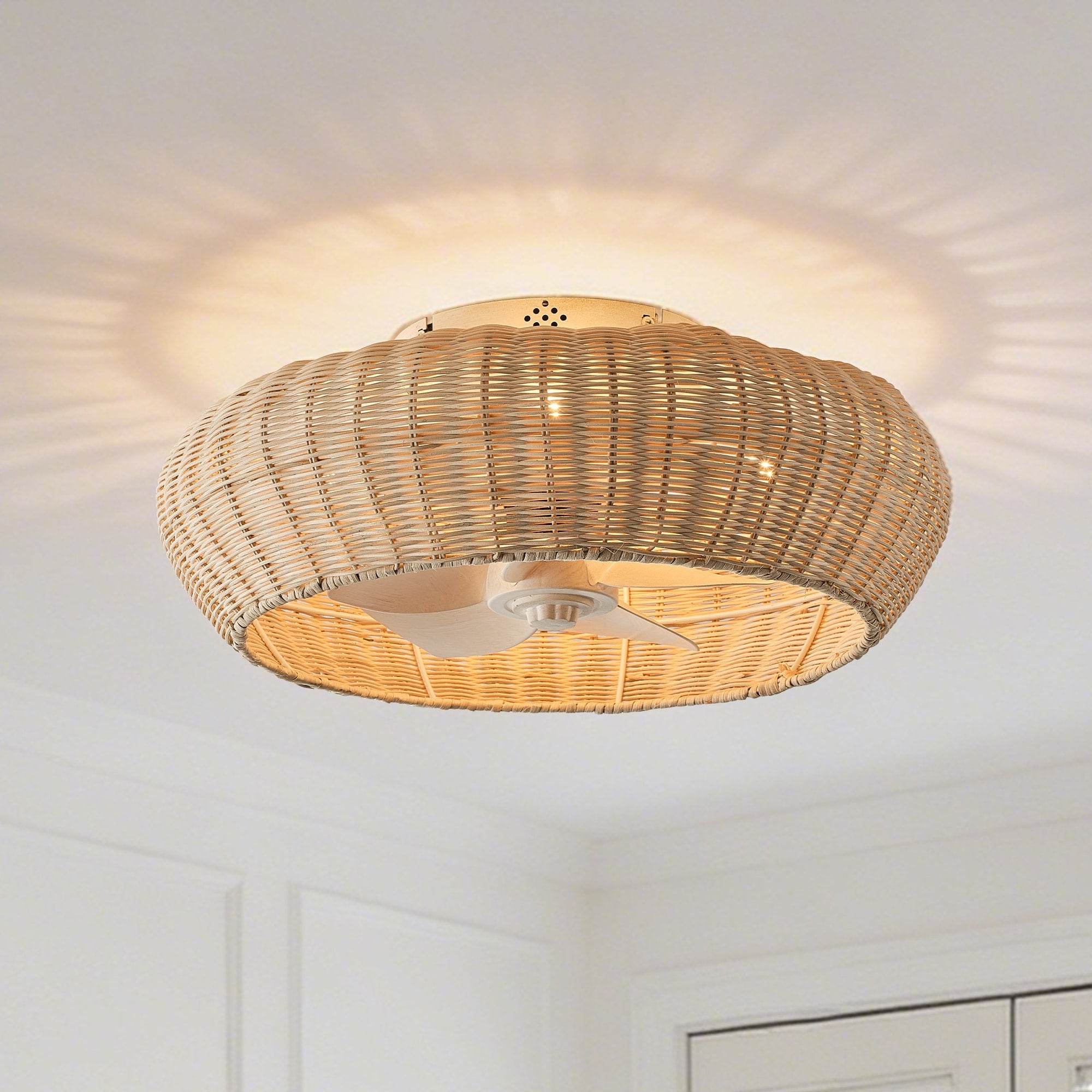 20 Inch Boho Distressed White Chandelier Flush Mount Ceiling Fan With Remote And Hand Woven Rattan Shade 19.7 W X 7.08 H