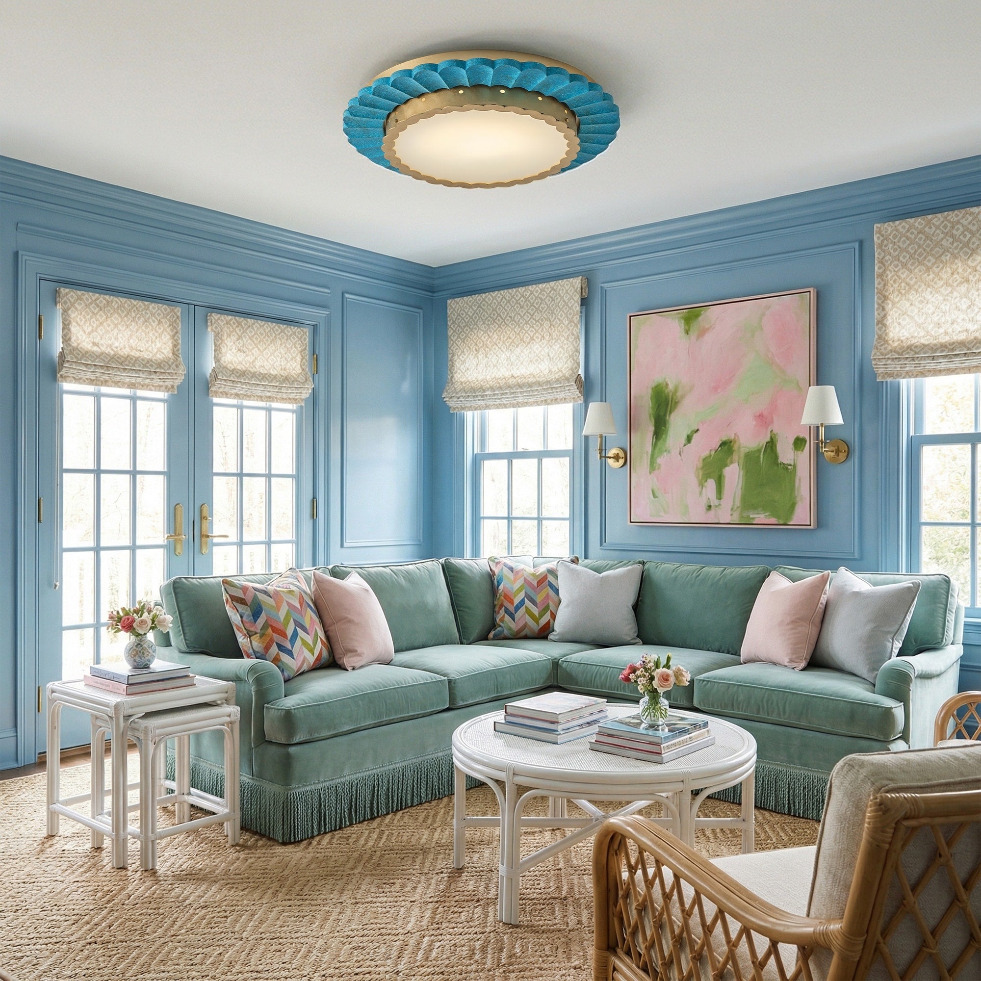 20 Inch Peruvian Accent Cottage Hand Painted Blue Coastal Sunburst Round Flushmount Ceiling Light 19.68 W X 3.07 H