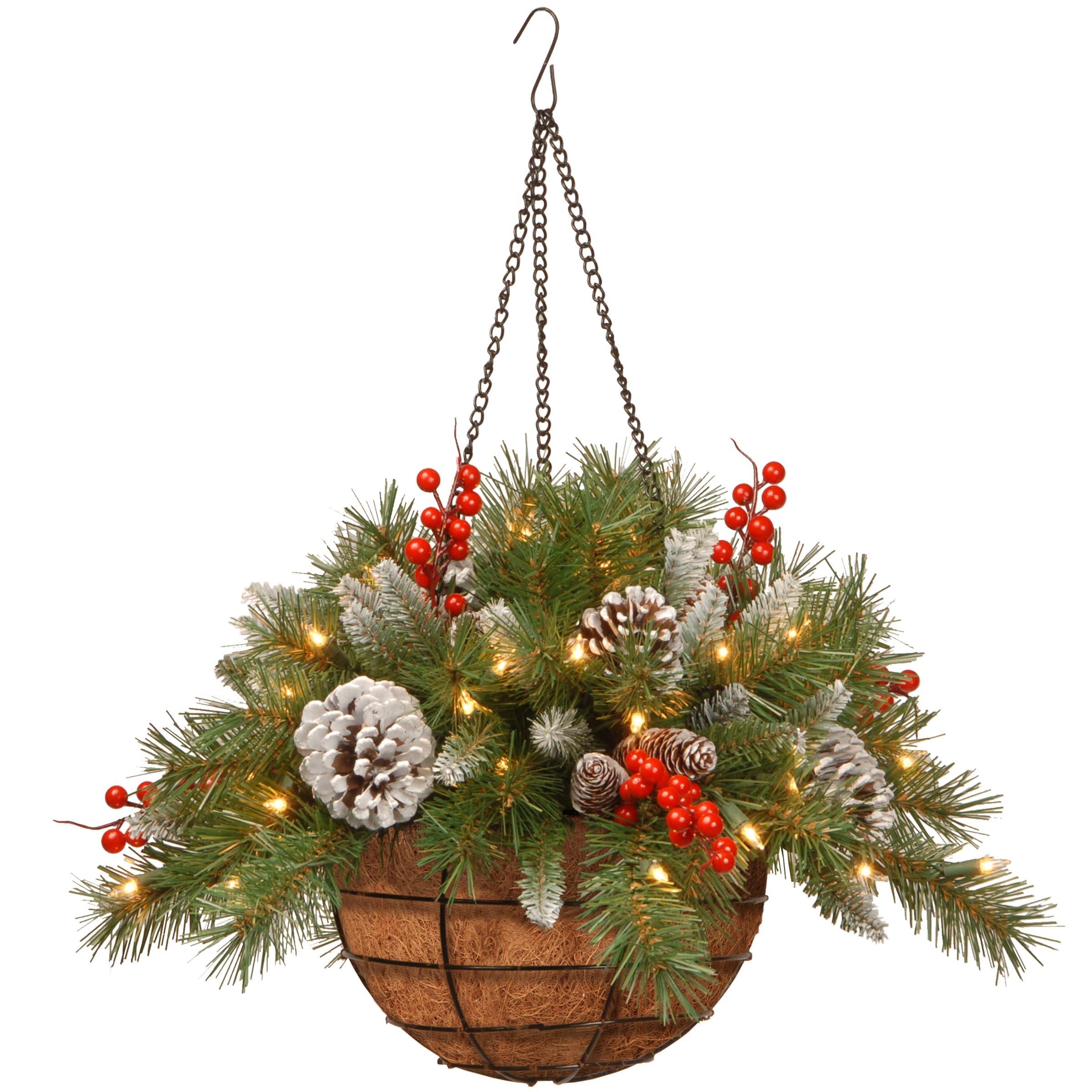20 Inch Pre Lit Frosted Pine Red Berries Hanging Arrangement