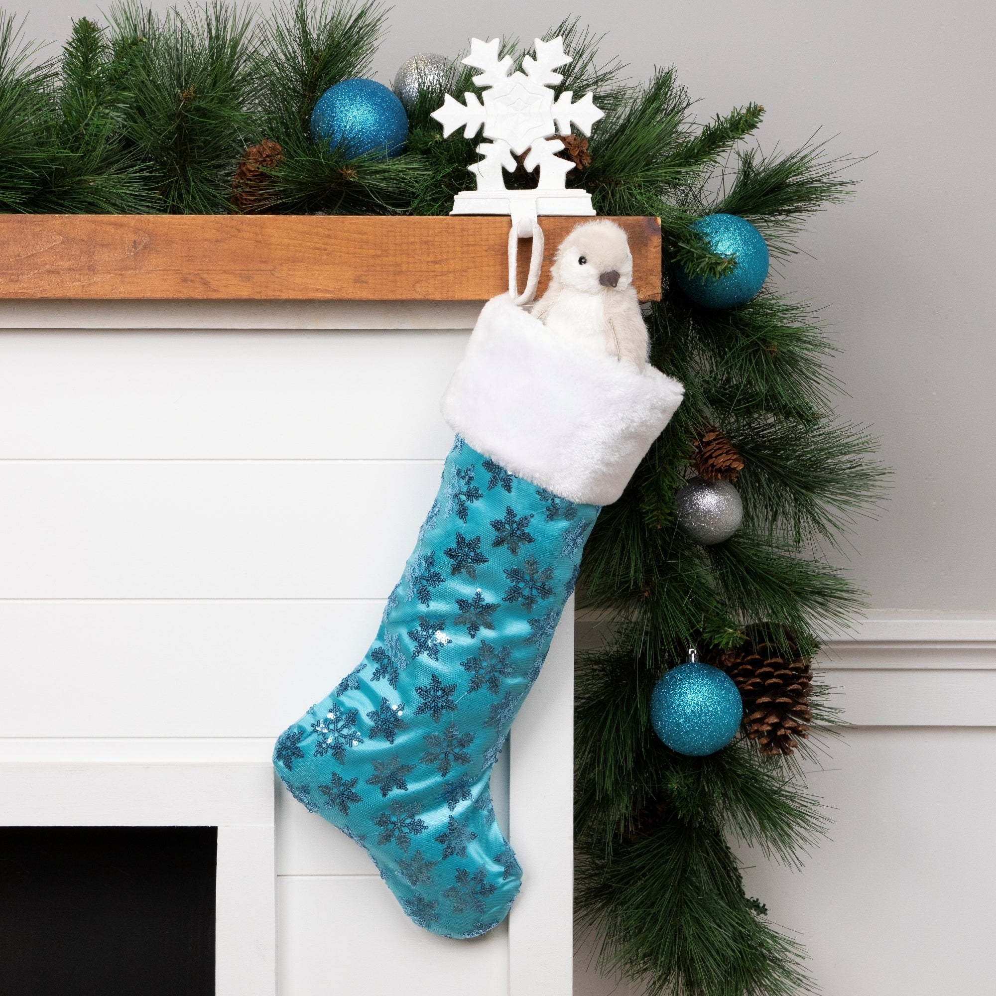 20.5 Ice Palace Blue Sequin Snowflake Christmas Stocking With White Faux Fur Cuff