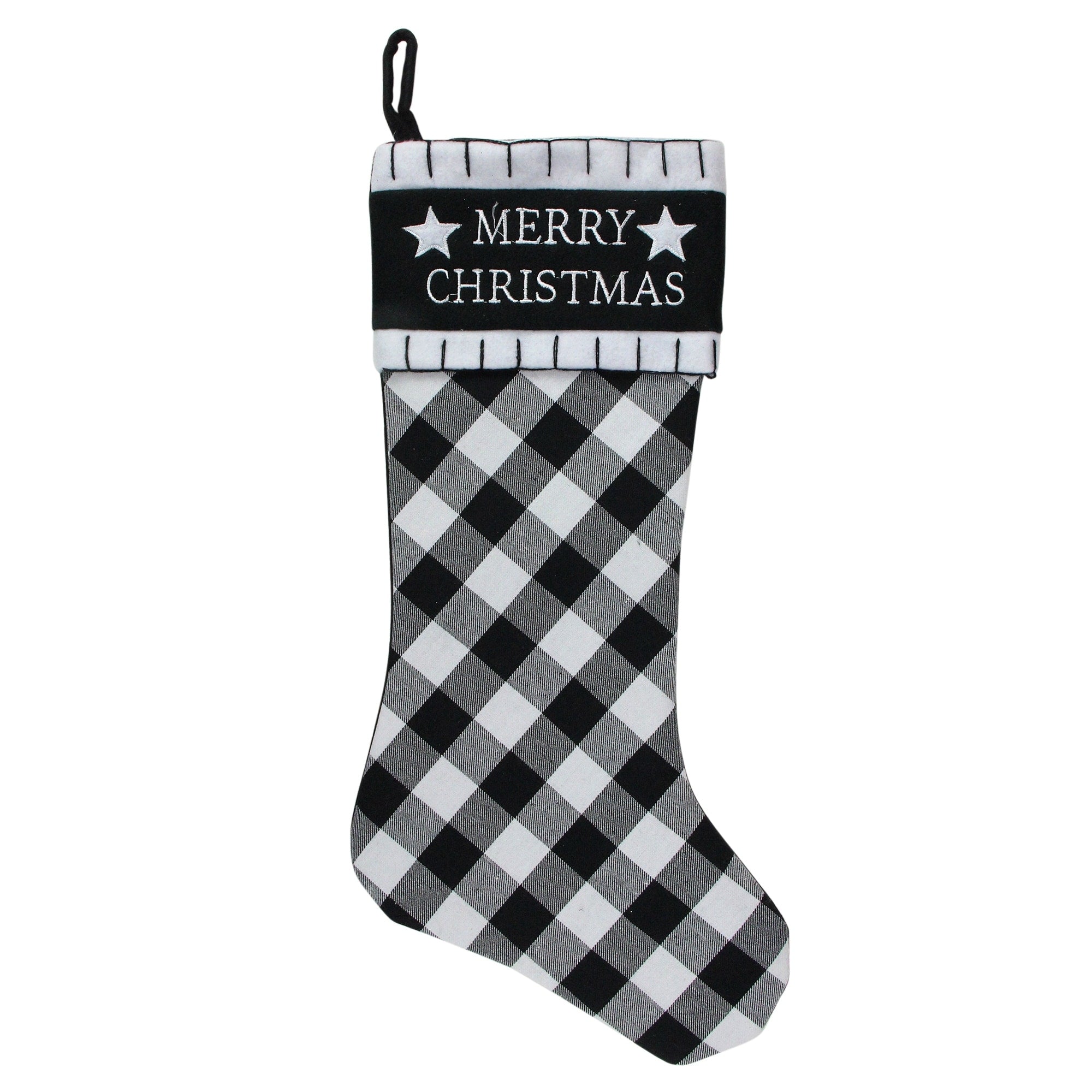 20.5 Black And White Merry Christmas Christmas Stocking With Blanket Stitch Cuff