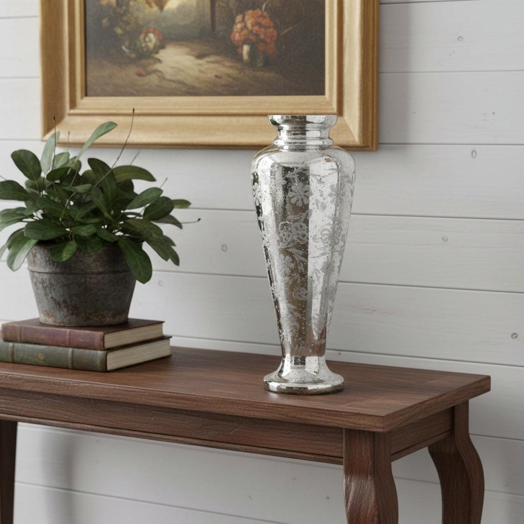 20 Antiqued Silver Etched Floral Glass Round Table Vase 7.50