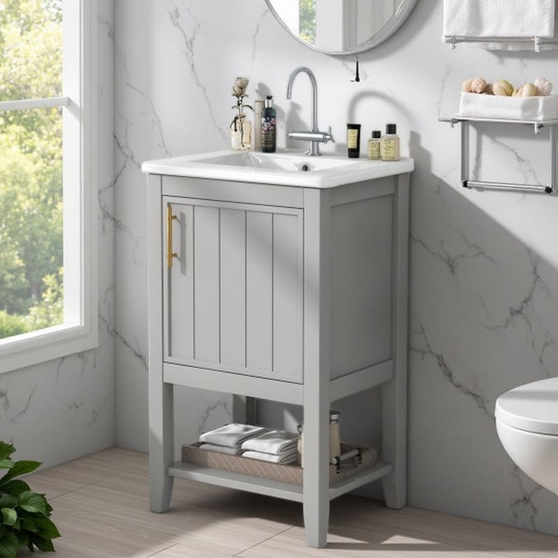 20 Bathroom Vanity With Ceramic Sink Soft Close Door Open Shelf Door Storage Rack Solid Wood Mdf Construction