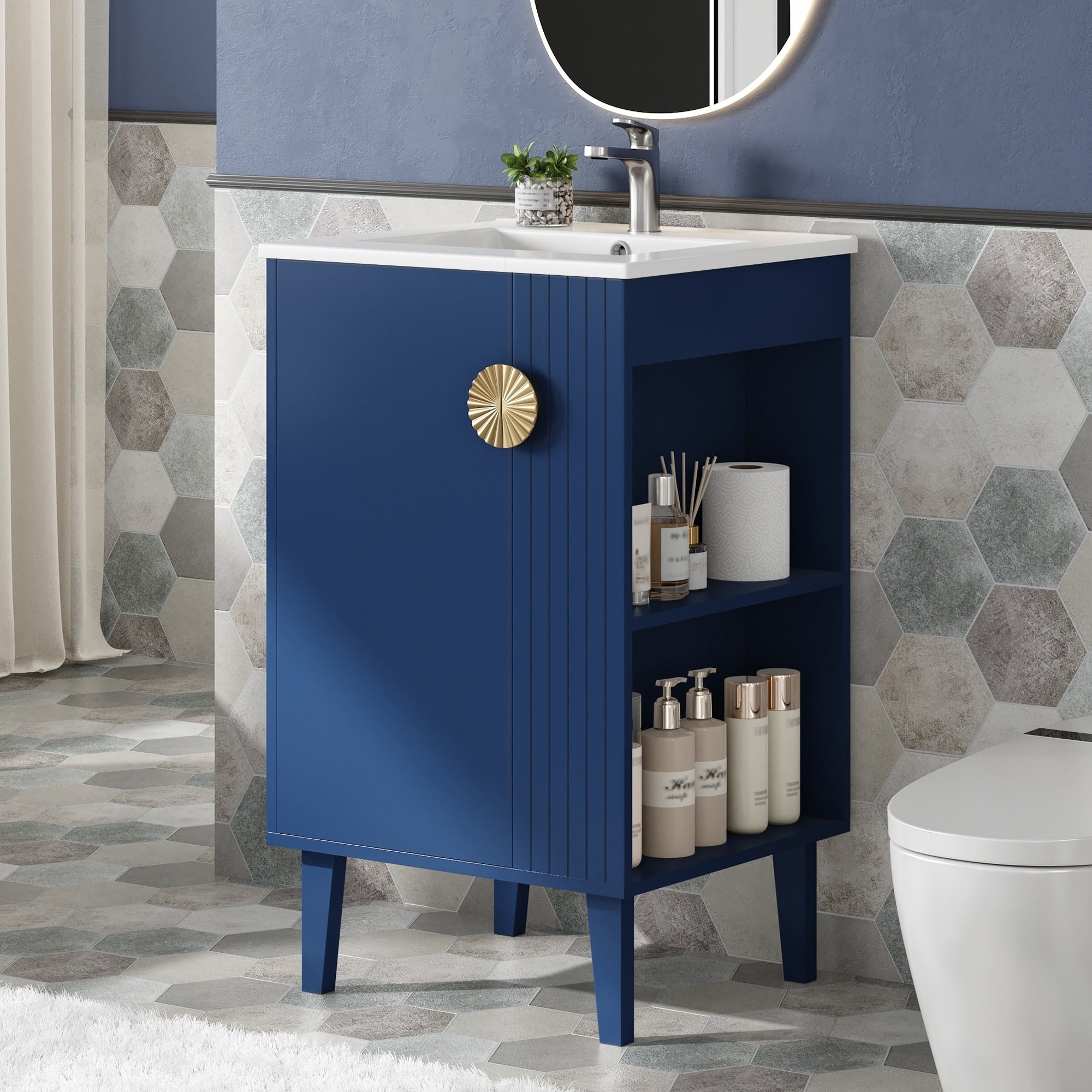 20 Blue French Style Bathroom Vanity W Ceramic Sink Soft Close Door Chic Half Moon Pulls