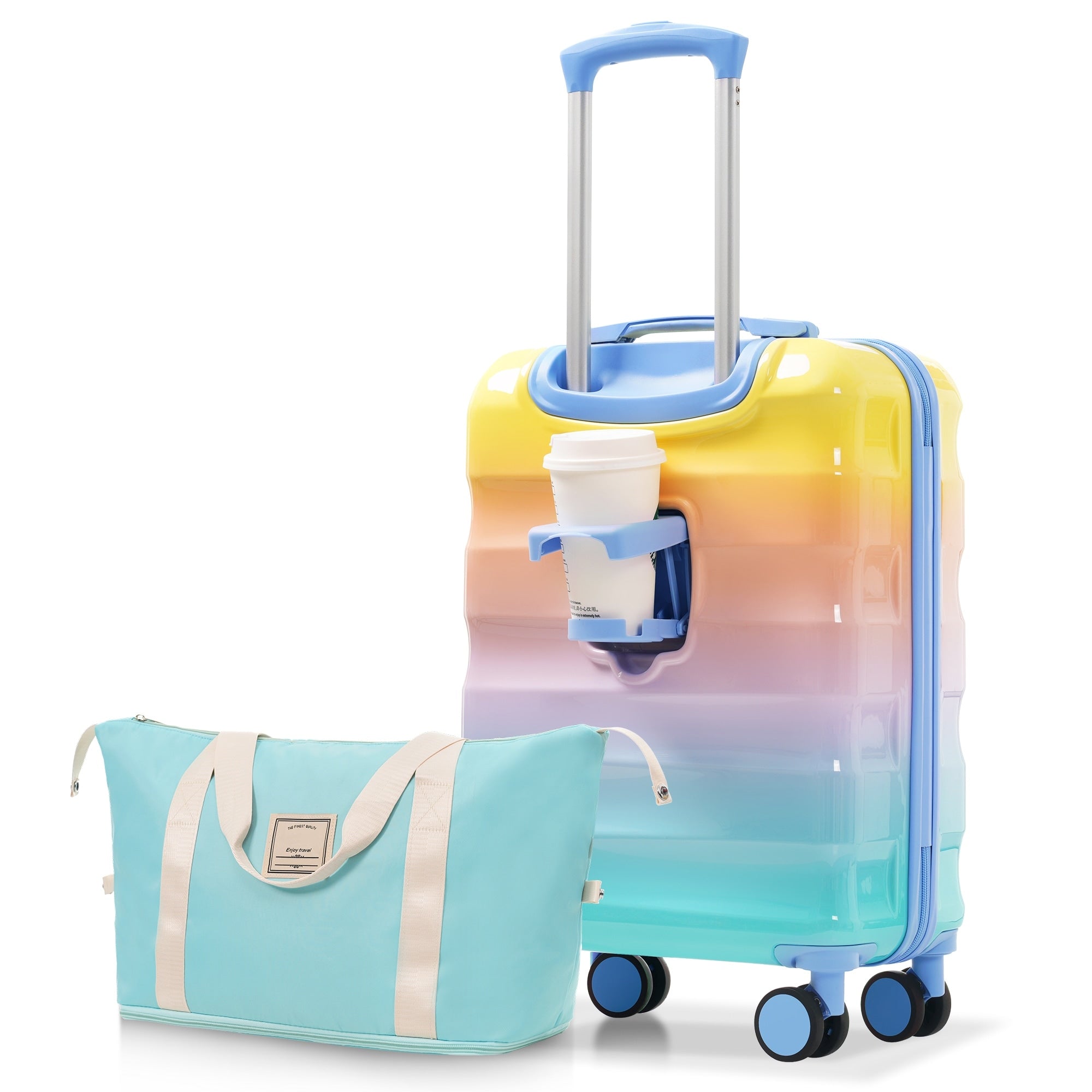 20 Carry On Luggage With Cup Holder Lightweight Glossy Hardshell Suitcases With Spinner Wheels Tsa Lock 2 Piece Set