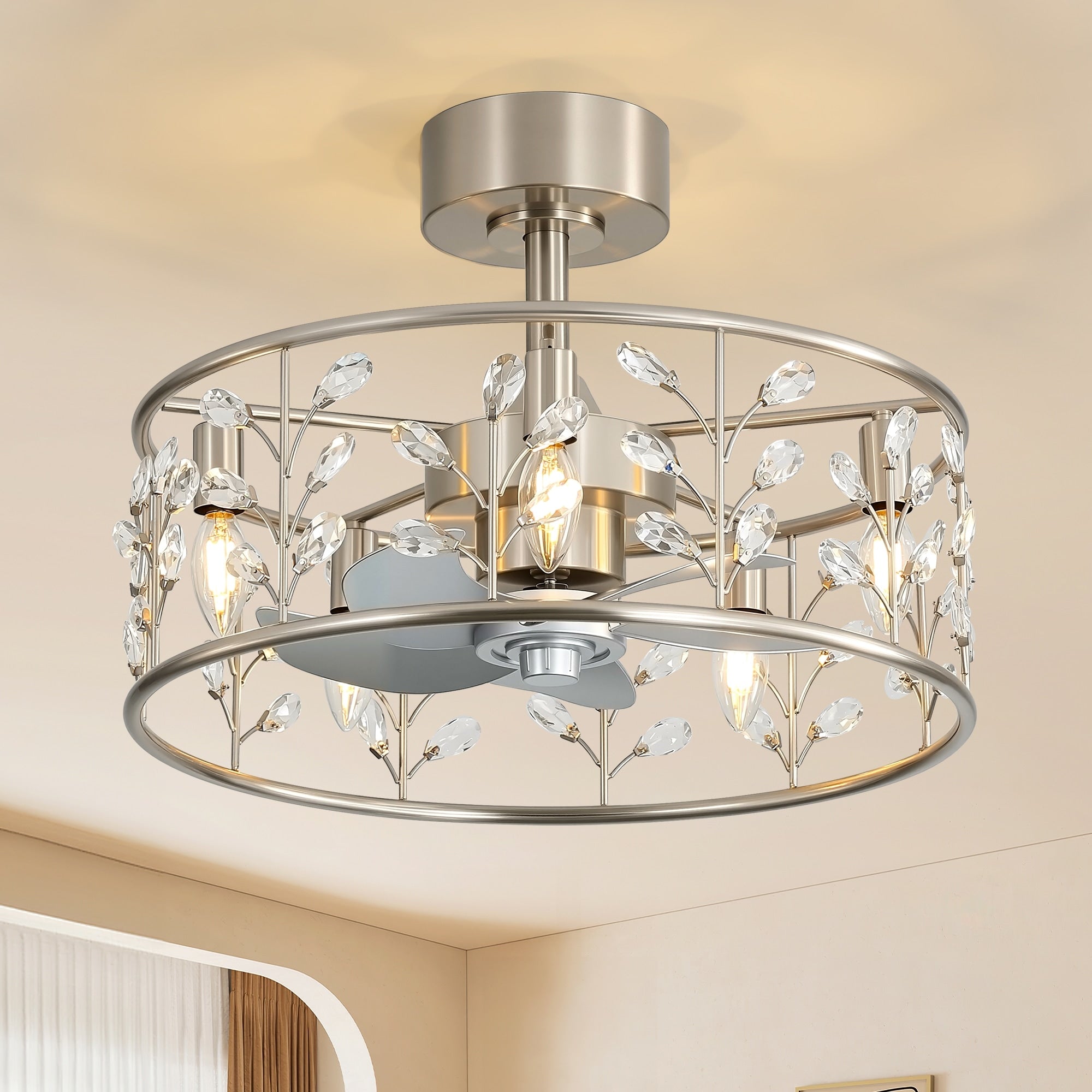 20 Crystal Leaf Caged Ceiling Fan With Lights Remote Control Quiet Reversible Dc Motor Chandelier Ceiling Fan For Bedroom