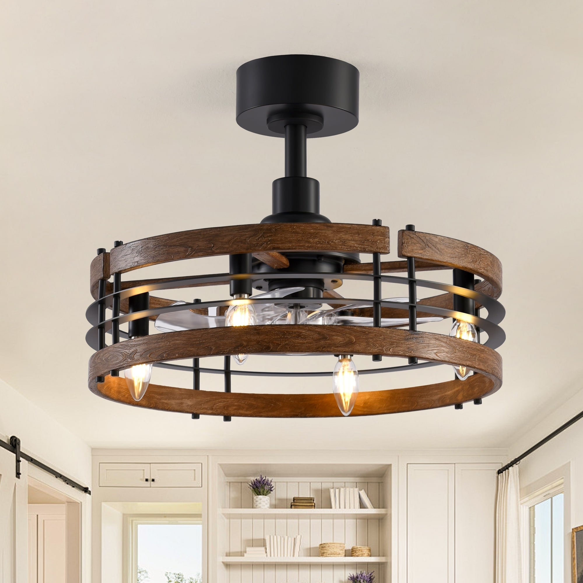 20 Farmhouse Caged Ceiling Fan With Light Rustic Wood Grain Finish Remote Control 6 Speed Reversible Dc Motor 20 Inch