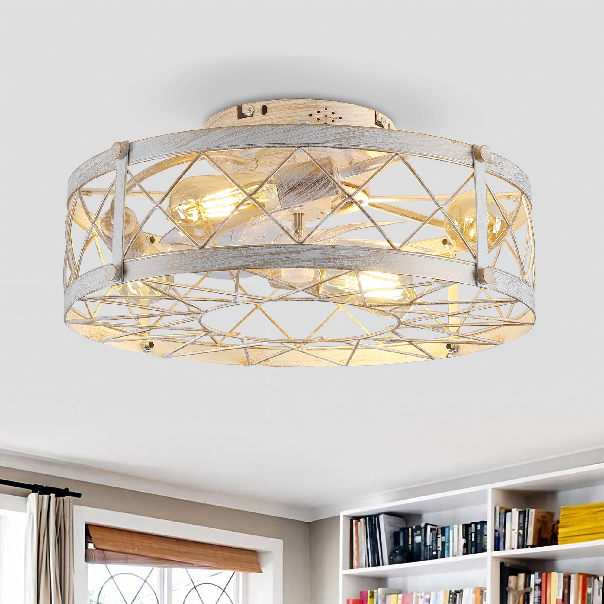 20 Farmhouse Caged Ceiling Fan With Lights And Remote Control Distressed White Flush Mount Low Profile Ceiling Fan