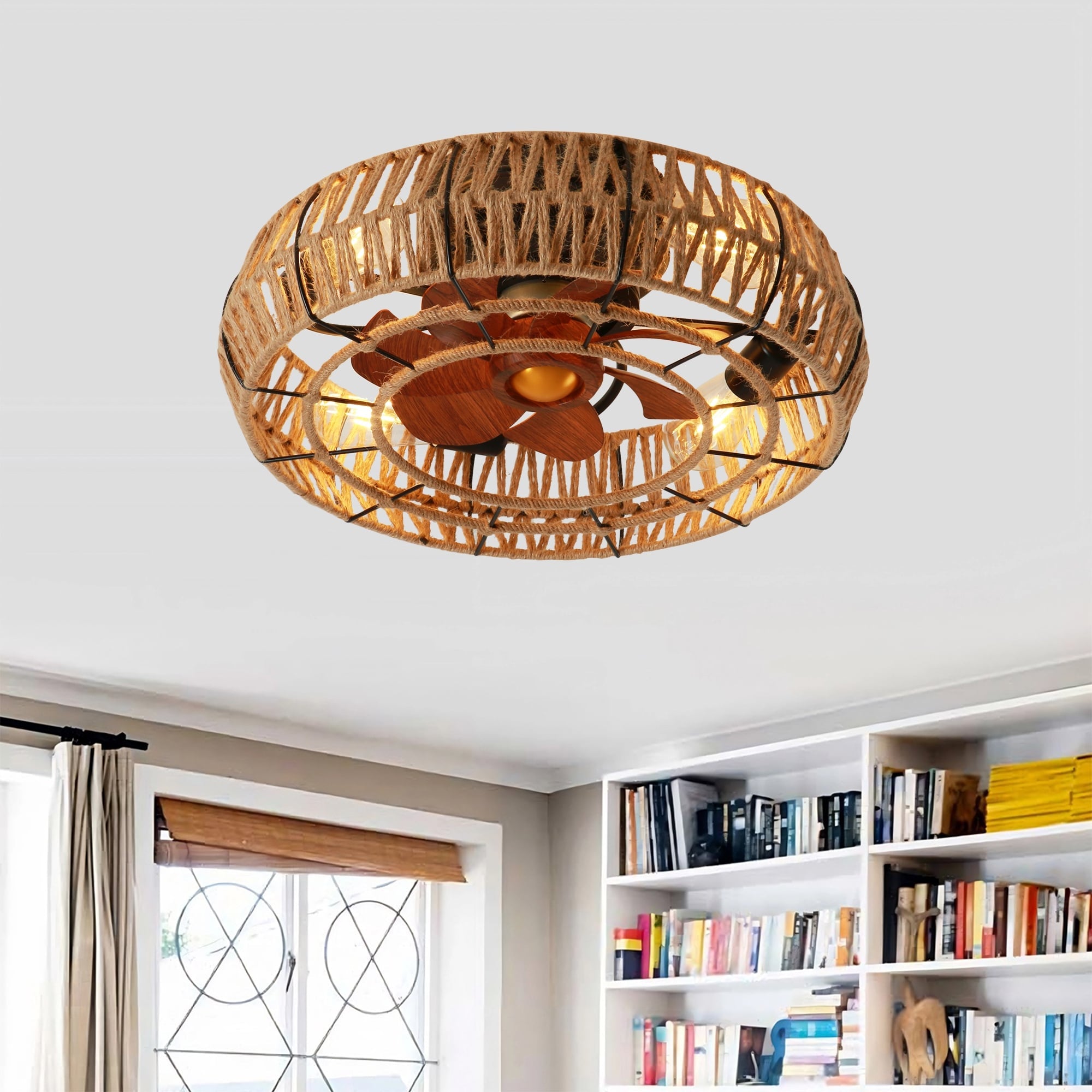 20 Farmhouse Flush Mount Caged Ceiling Fan With Light Kit And Remote Control Rustic Low Profile Rope Chandelier Ceiling Fan